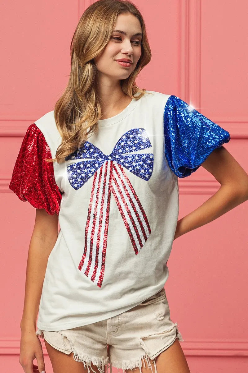 BiBi Sequin American Flag Bow Top - Patriotic Glamour for Women | Perfect for 4th of July, Independence Day & USA Themed Parties