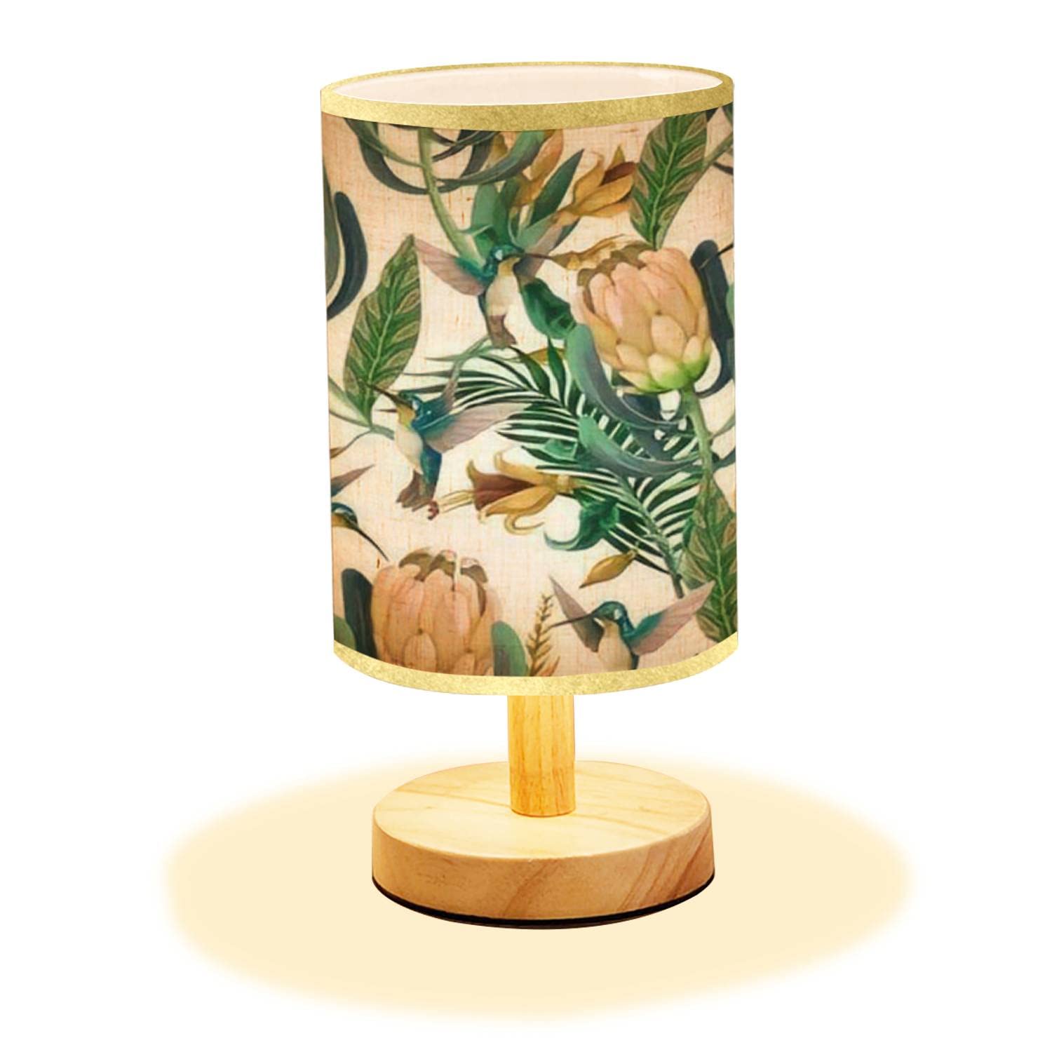 Minimalist Wood Nightstand Lamp with Hummingbirds Protea & Tropical Flowers Print - Flaxen Fabric Shade, Wood Base for Bedroom, Living Room - Perfect for Cozy Reading Nook, Modern Home Decor & Relaxing Ambiance