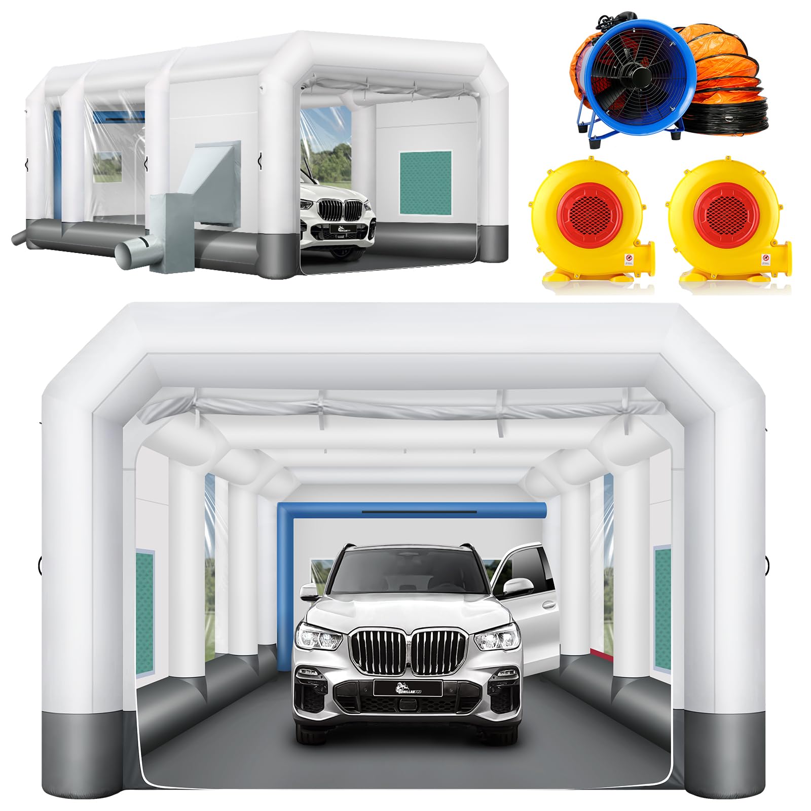 GORILLASPRO Professional Inflatable Paint Booth 26x15x10Ft - Portable Spray Painting Tent with Air Draft System & 950W Exhaust Fan (Includes 750W+950W Blowers) - Ideal for Automotive, Woodworking & DIY Projects