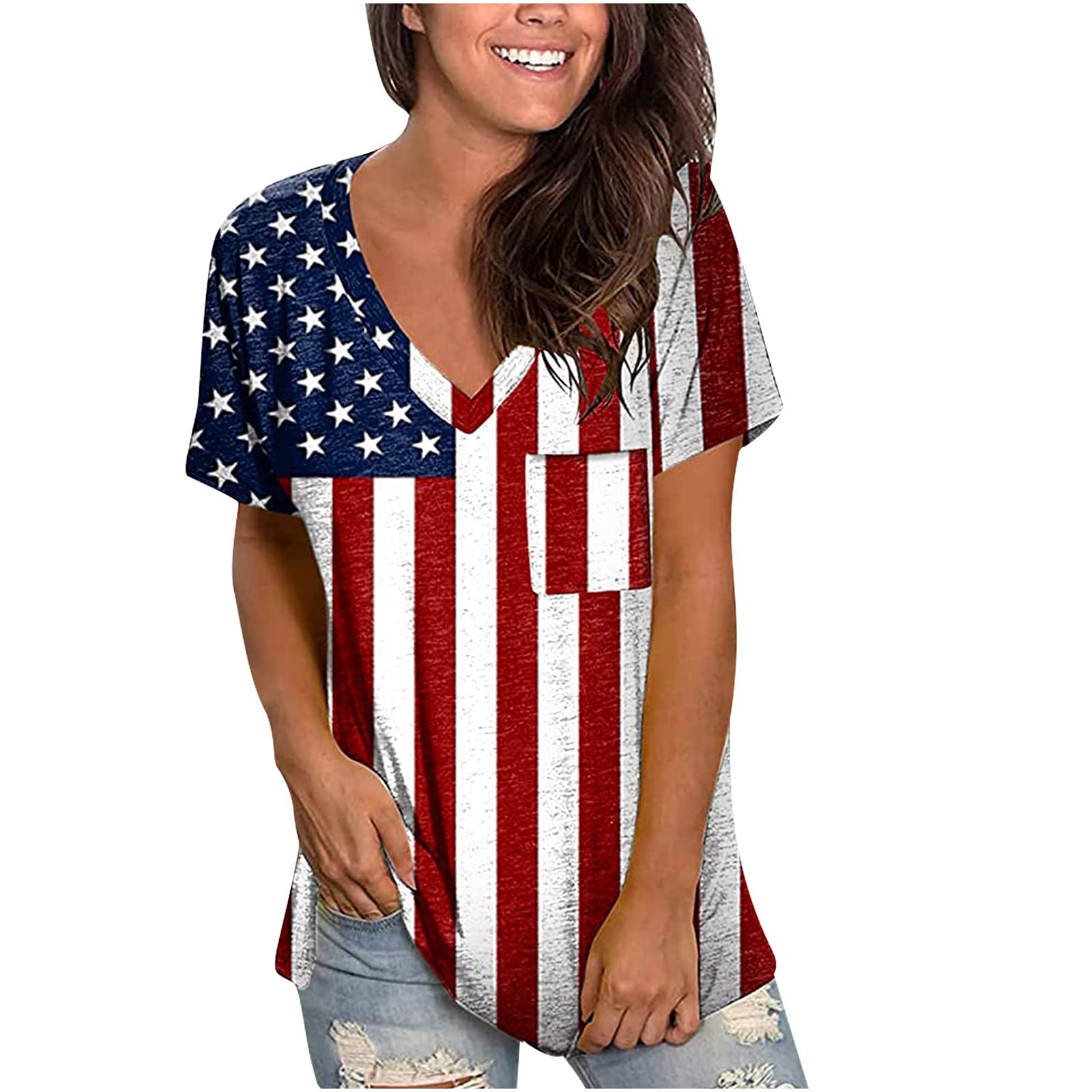 Women's Summer T-Shirts - Short Sleeve Tunic Tops with Strappy Print V-Neck for Business Casual Wear | Perfect for Office, Outings & Summer Vacations
