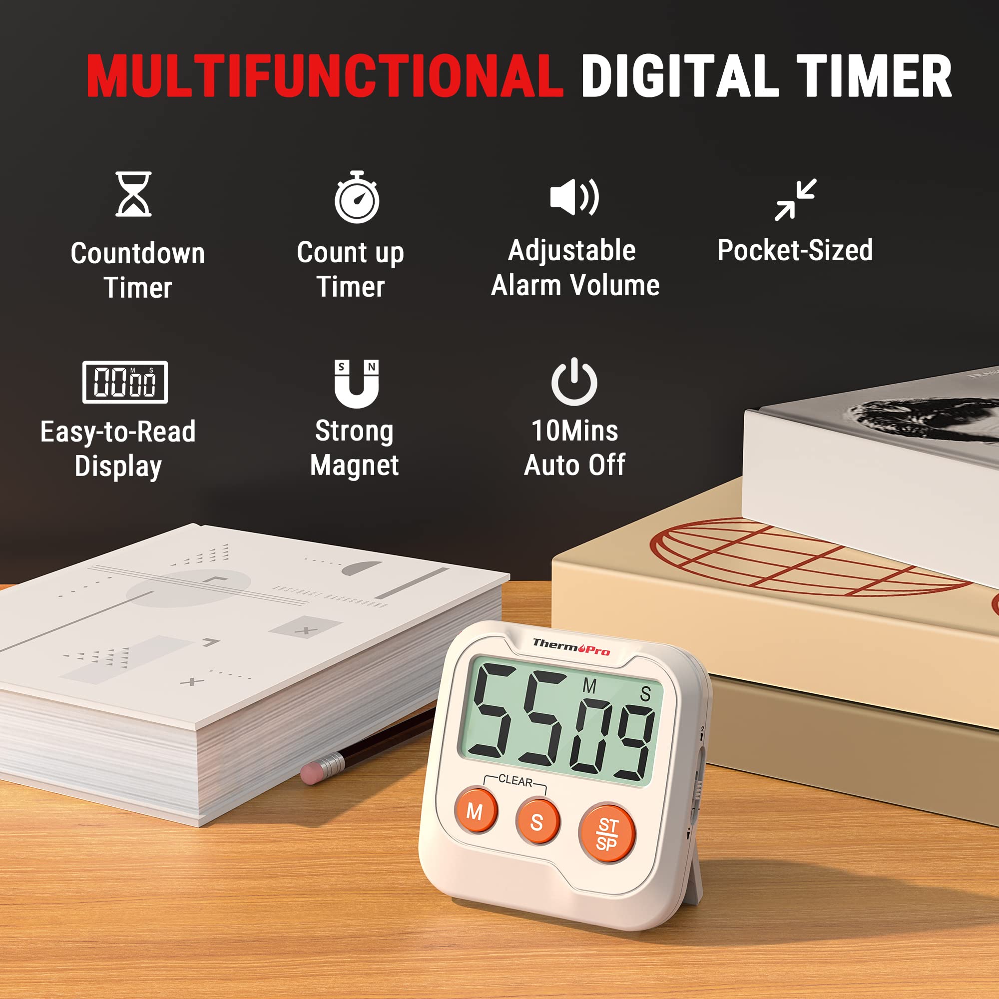 ThermoPro TM03 Digital Kitchen Timer with 2-Level Alarm - Countdown & Stopwatch for Cooking, Baking, Exercise, Classroom, Playtime - Perfect for Teachers, Kids & Home Use