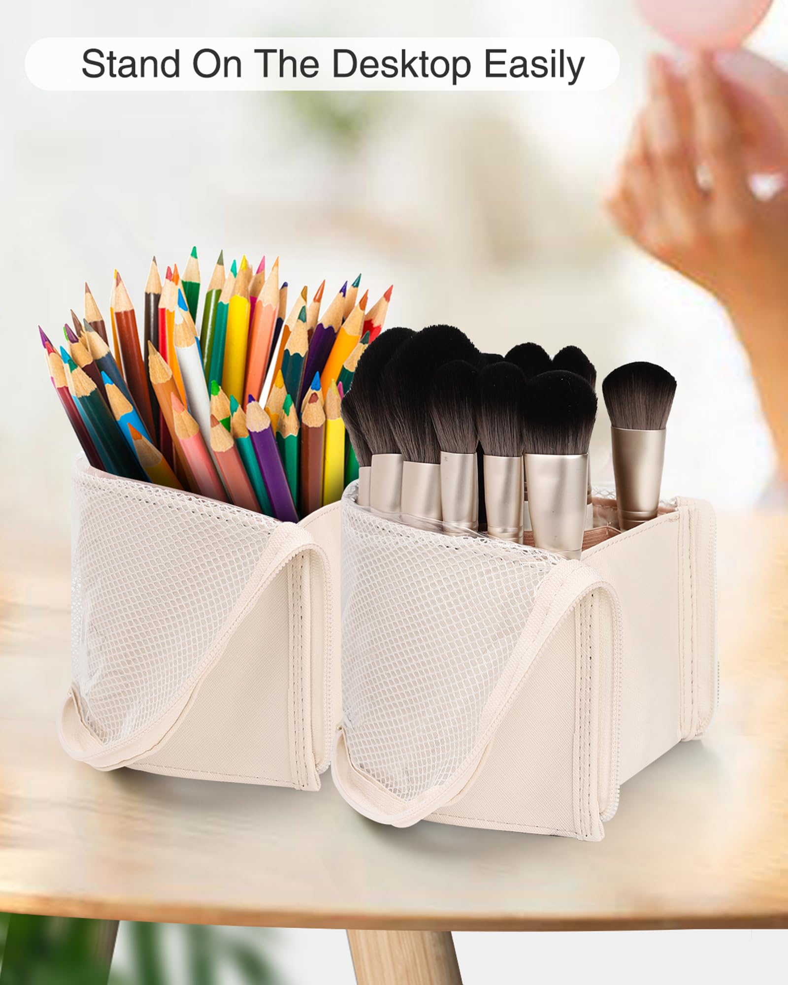 MONSTINA Professional Makeup Brush Holder Bag - Waterproof Portable Organizer Pouch with Stand-Up Design, Extra Large Beige Cosmetic Case for Artists | Perfect for Travel, Home & Salon Use