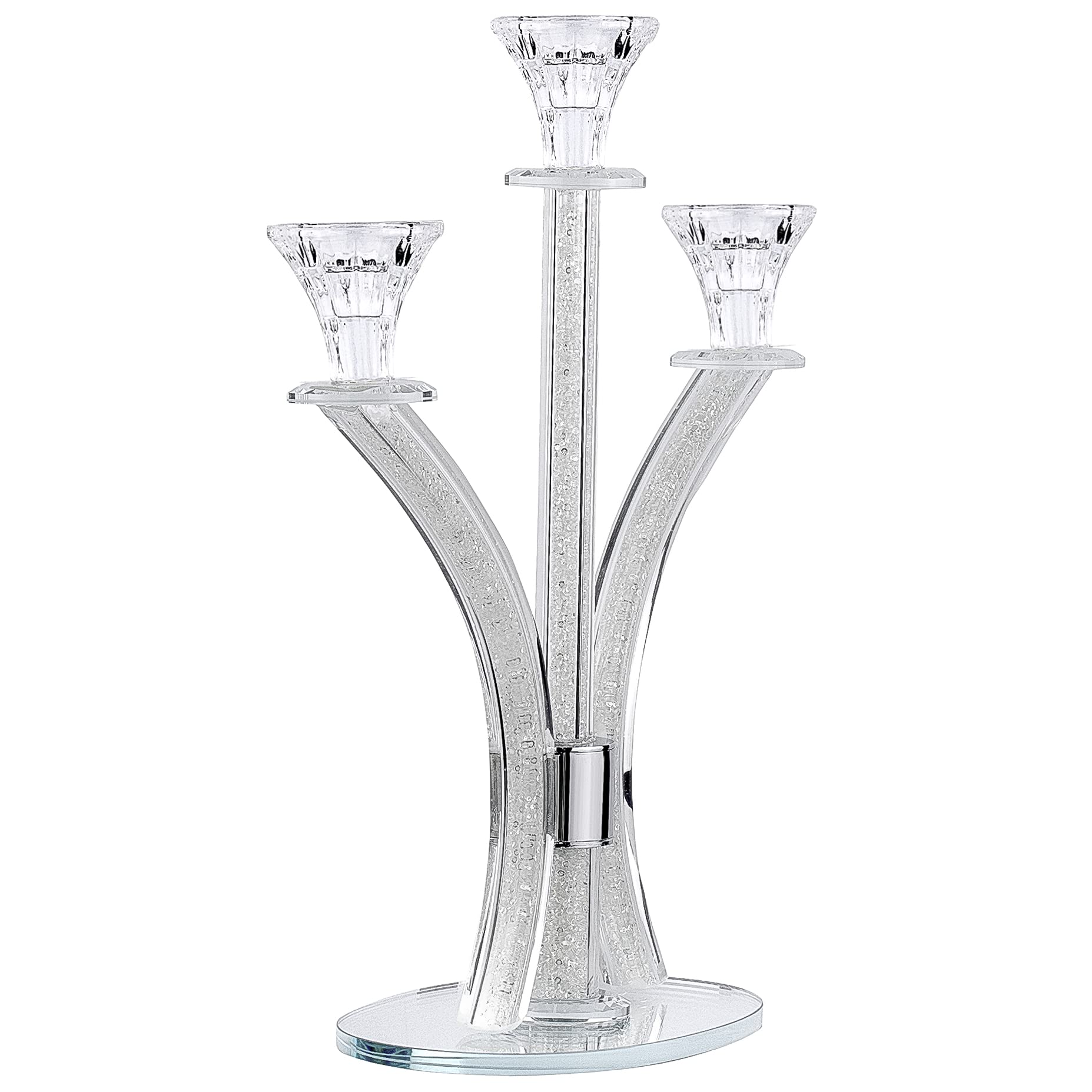 3-Arm Crystal Candelabra - Elegant Taper & Tea Light Candle Holder for Dining Table Centerpiece, Wedding Decor, Romantic Dinner Lighting - Clear Glass