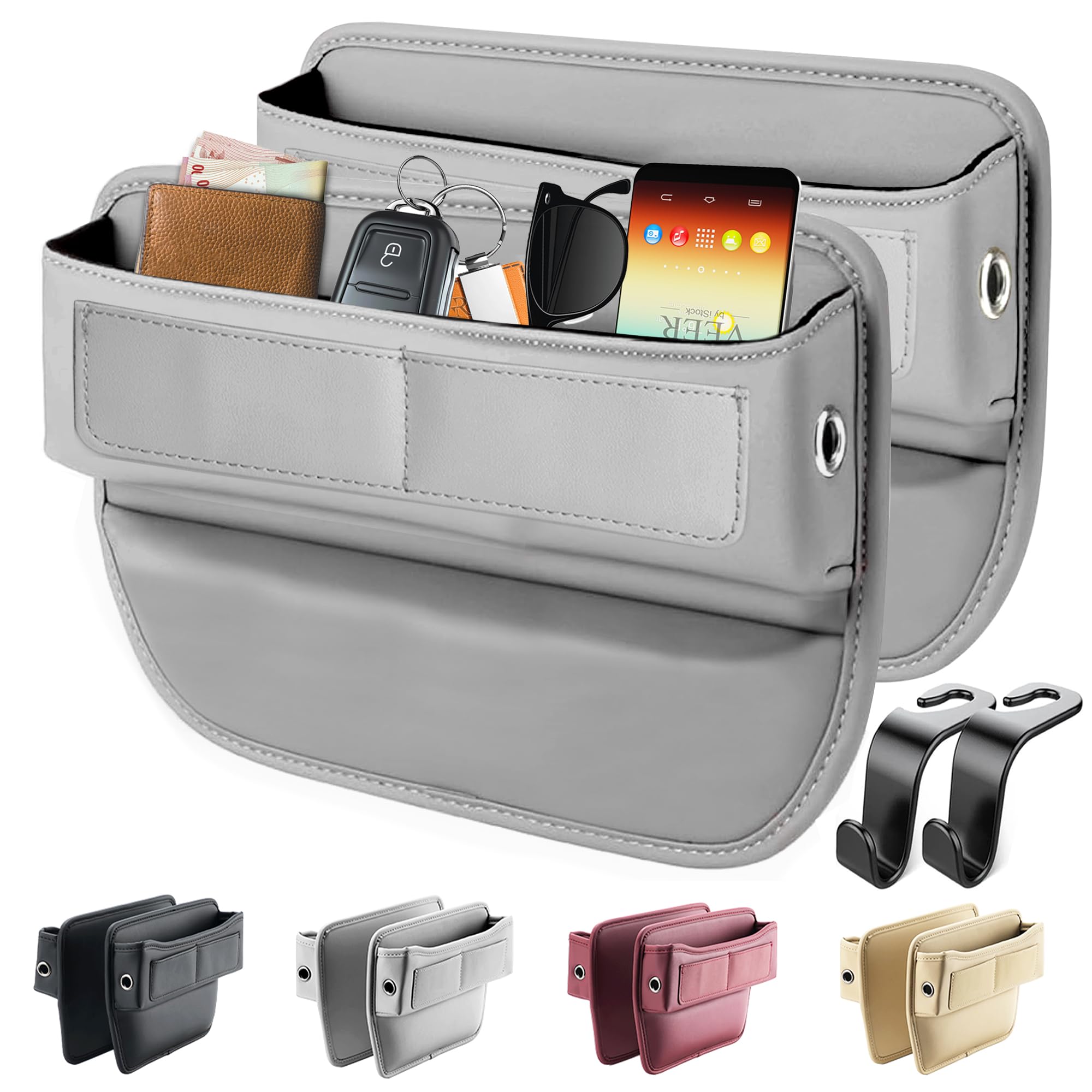 Car Seat Gap Filler Organizer - 2 Pack Adjustable Front Seat Storage for Phone, Glasses, Keys & Cards (Grey) | Perfect for Road Trips, Commuting & Keeping Your Car Neat