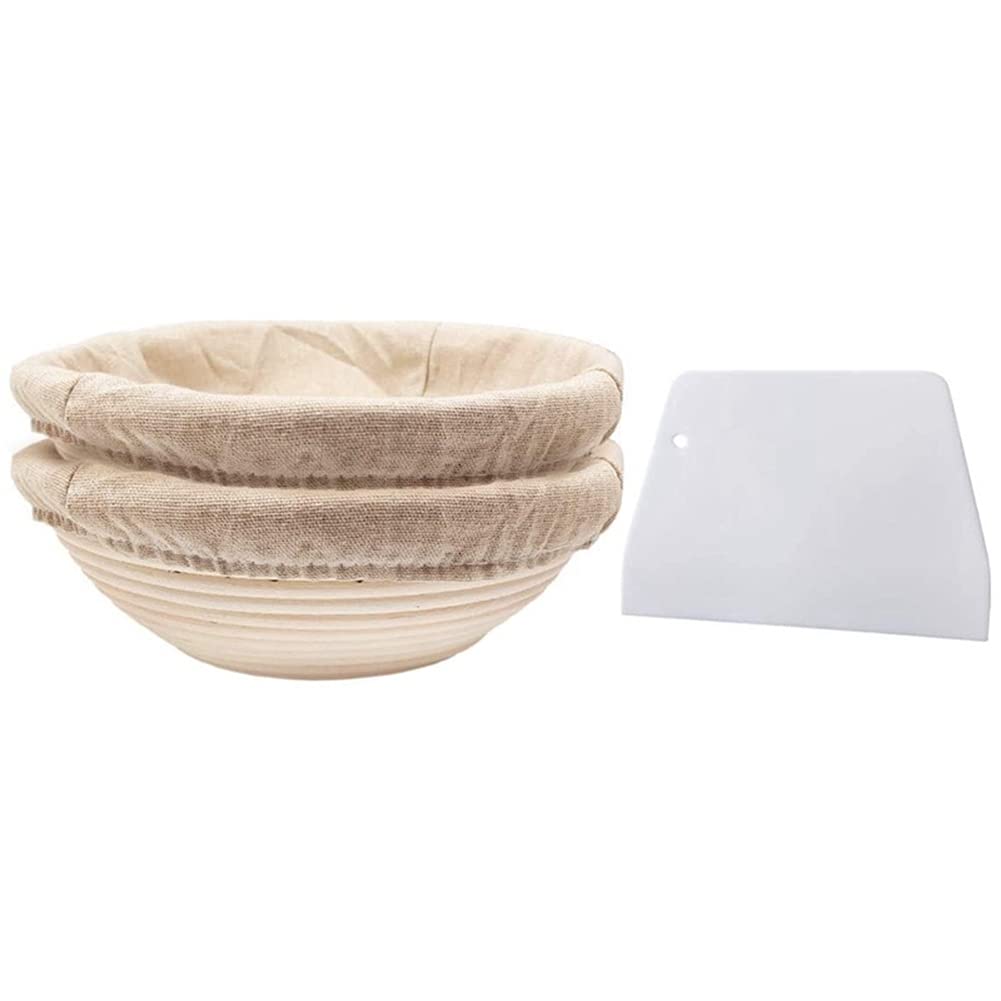 Round Banneton Proofing Basket Set with Linen Liners - 2 Bread Dough Rising Baskets & Dough Scraper for Artisan Sourdough Baking | Perfect for Home Bakers & Professional Bakeries