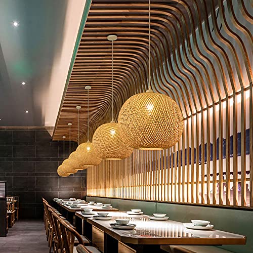 LITFAD Hand-Woven Asian Style Bamboo Pendant Light - Adjustable Cord 1 Bulb Hanging Fixture in Beige for Dining Room, Living Room, Restaurant - Perfect for Boho Decor, Zen Atmosphere & Cozy Home Lighting