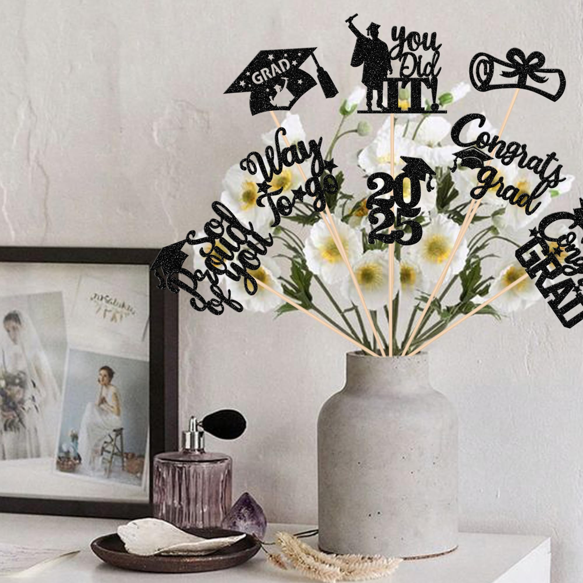 Rsstarxi 16 Pack Graduation Centerpieces 2025 - Double Sided Glitter Class of 2025 Table Toppers - So Proud of You Congrats Grad Decorations - Perfect for High School & College Graduation Parties, Ceremonies & Photo Backdrops (Black)