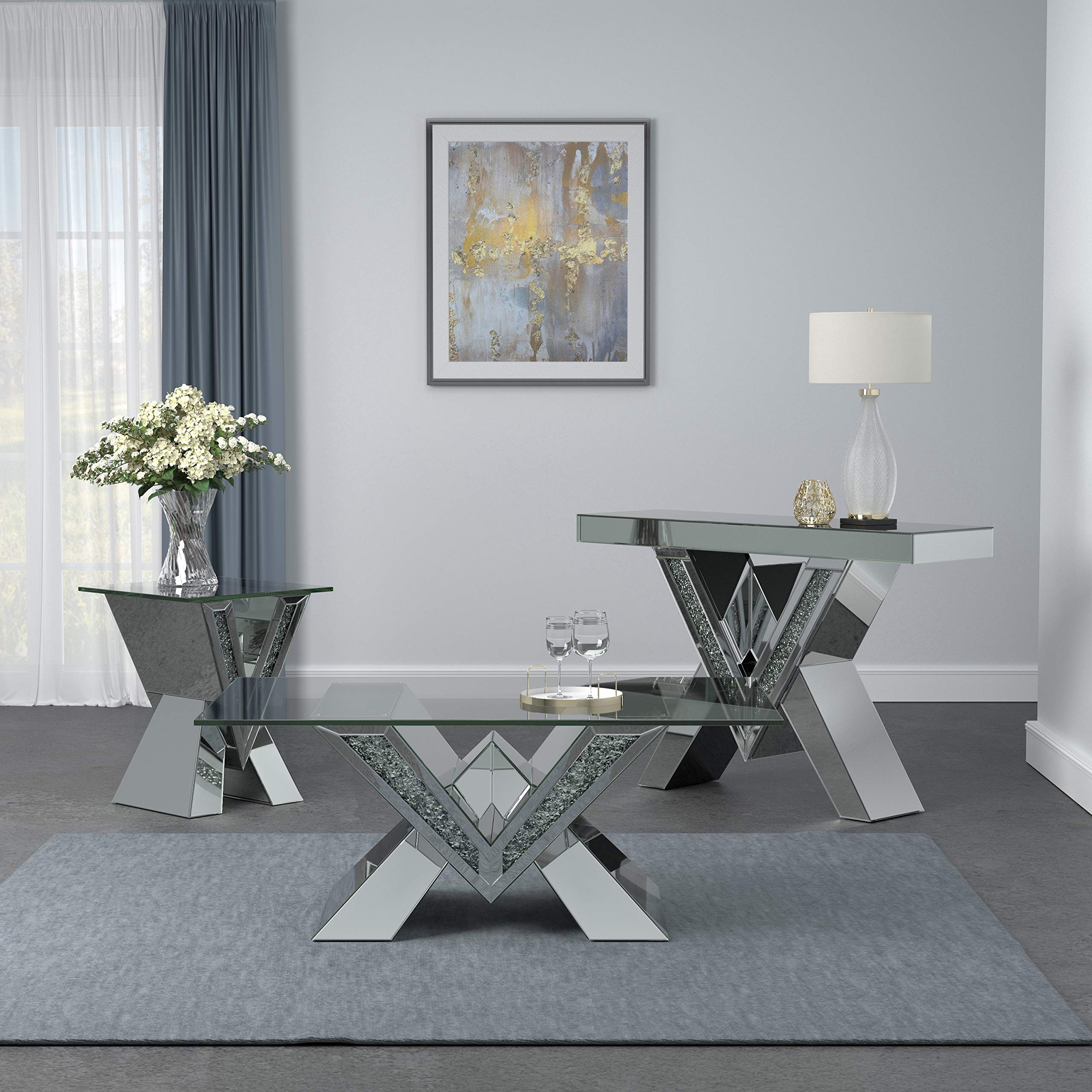 Silver V-Shaped Glass Coffee Table - Modern Living Room Decor
