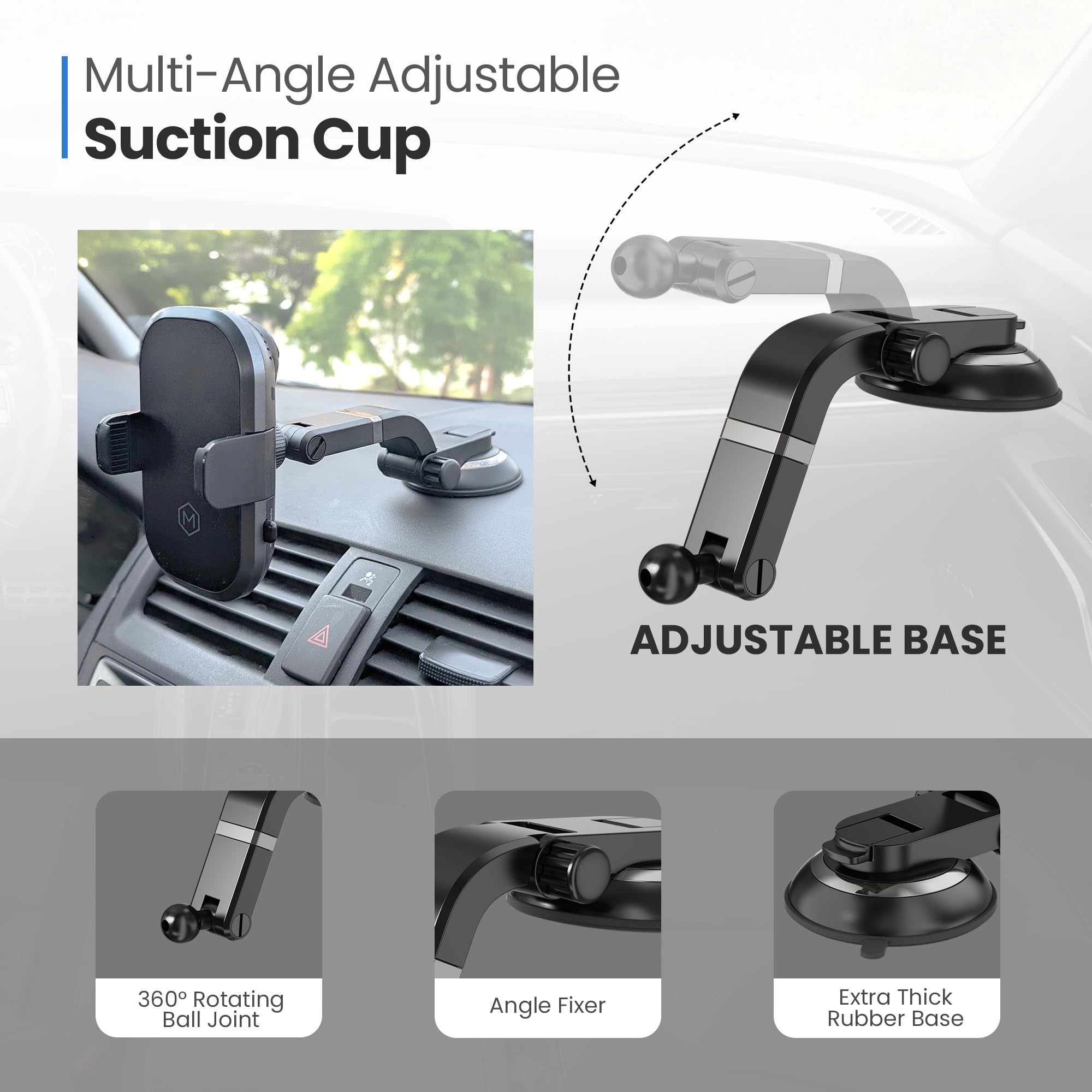 Fast Wireless Car Charger Phone Mount - 15W Qi-Certified Auto-Scan Charging, Multi-Angle Adjustable Suction Cup & Grip (Fits Phones 2.8