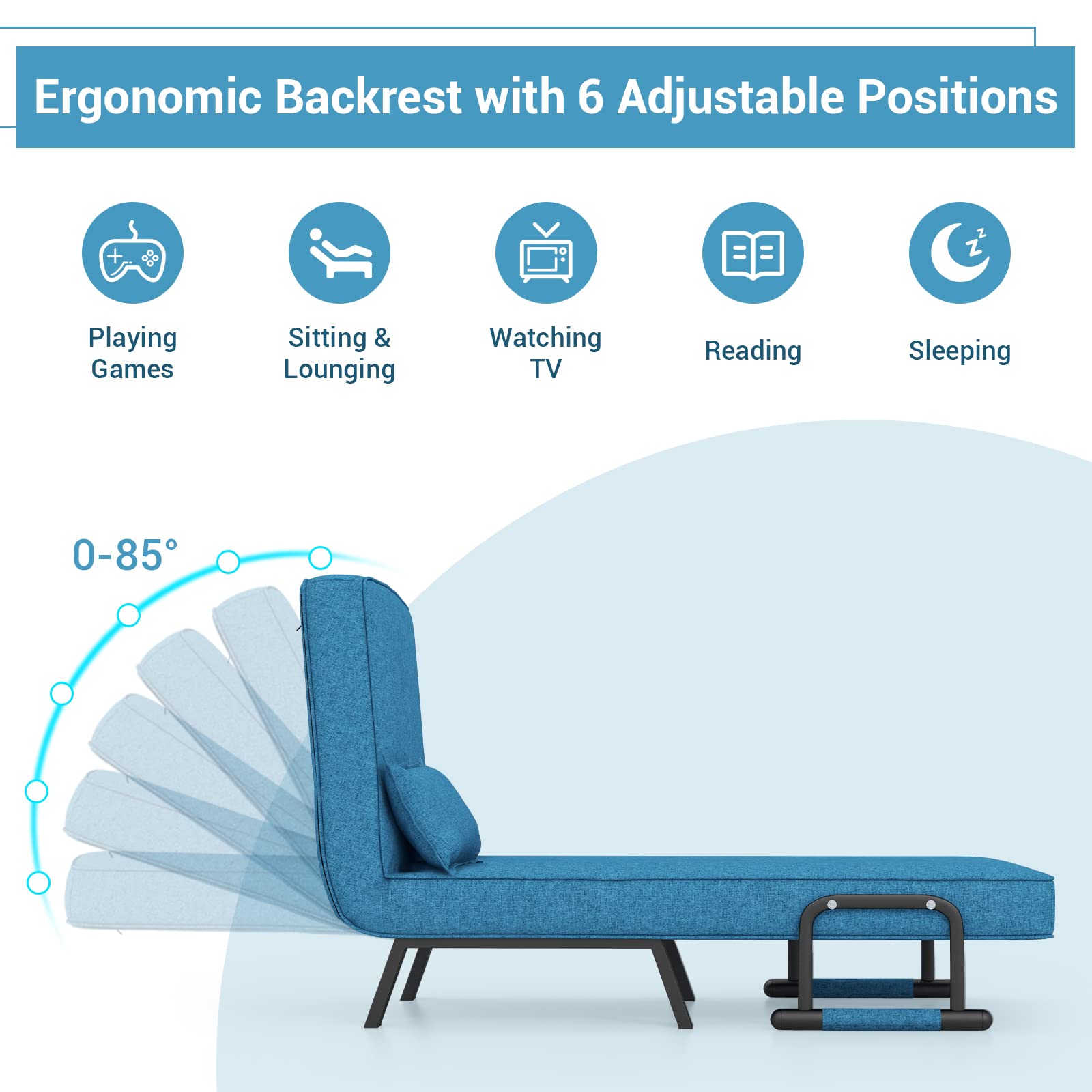 HOMGX 4-in-1 Convertible Sofa Chair Bed - Adjustable Recliner Sleeper with 6-Position Backrest, Foldable Lounge Seat with High Elastic Sponge - Perfect for Living Room, Bedroom, Office & Small Spaces (Blue)