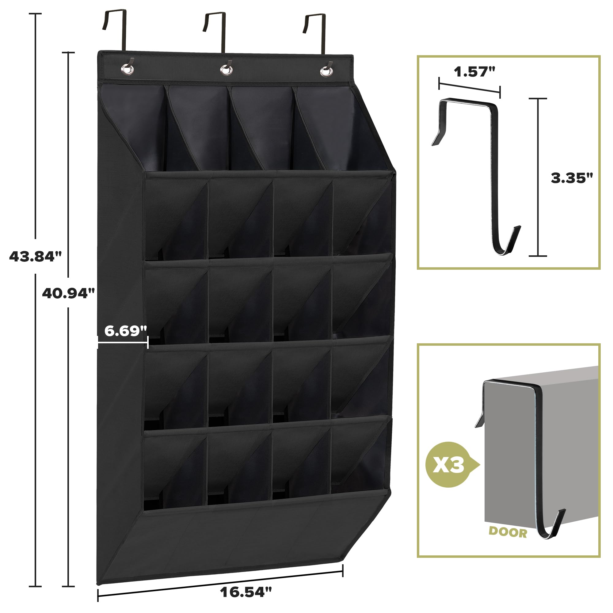 2 Pack Over The Door Shoe Organizer with 20 Large Pockets - Heavy Duty Hanging Closet Storage Rack for Sneakers, Boots & Shoes - Space Saving Solution for Bedrooms, Closets & Dorm Rooms (Black)