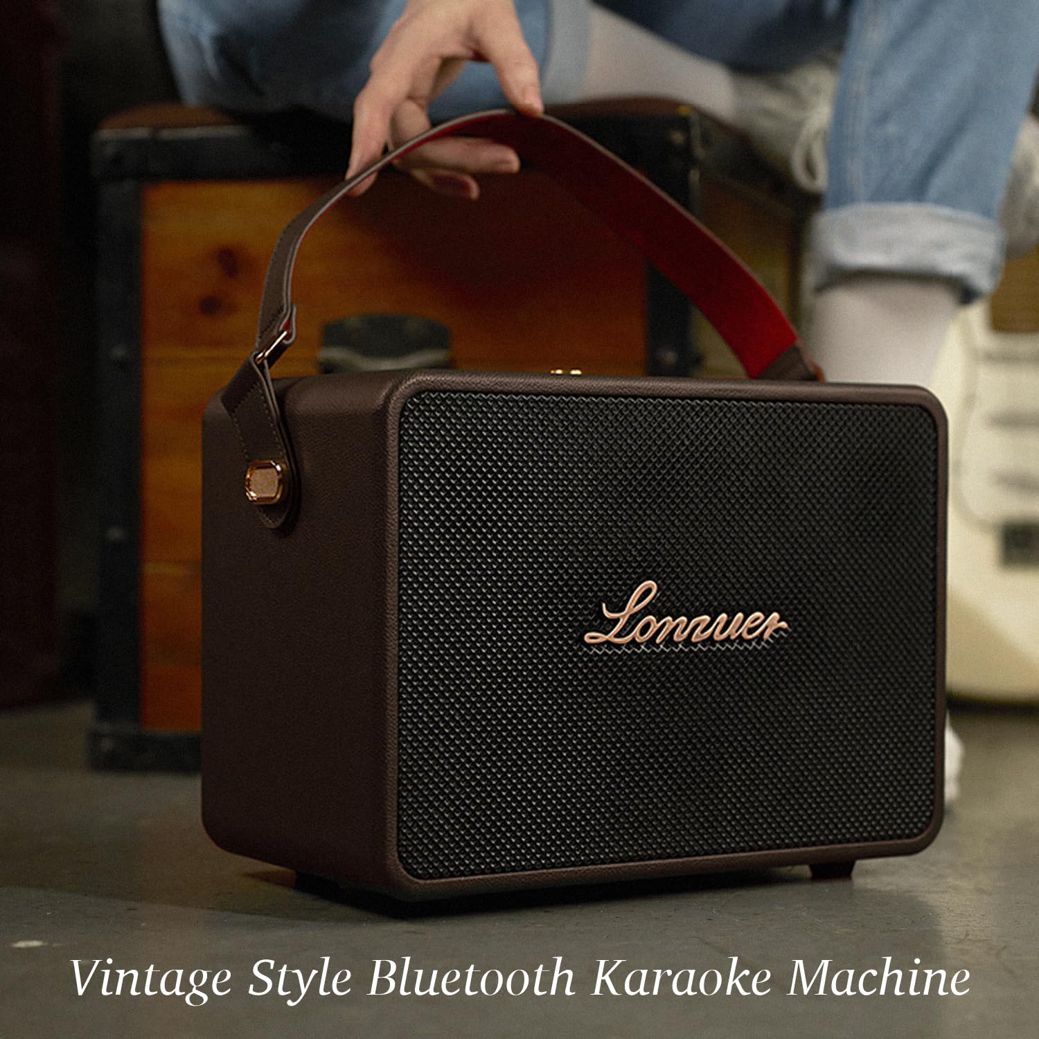 18000mAh 120W Portable Bluetooth Speaker with Wireless Microphones - High Power Rechargeable Karaoke Machine, Bass Boost, AUX/Guitar Input - Perfect for Outdoor Parties, Home Karaoke, Camping & Travel (Brown)