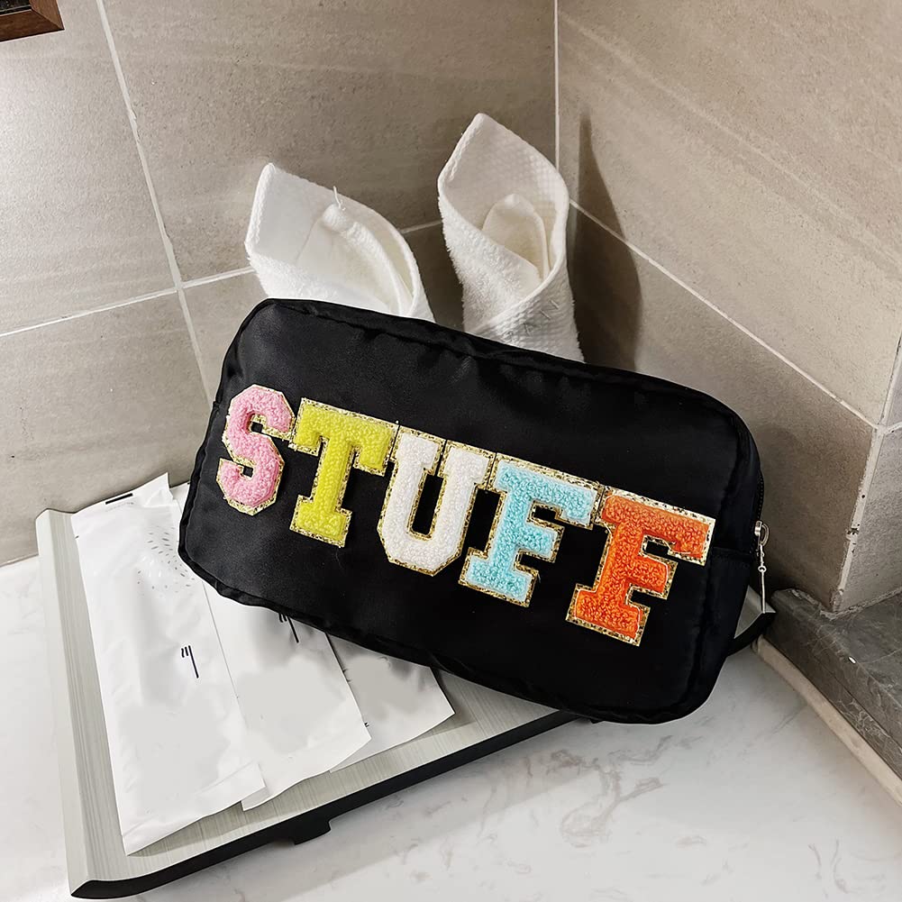 Preppy Makeup Bag with Chenille Letter Patches - Cute Cosmetic Organizer for Travel & Daily Use - Nylon Zipper Pouch for Girls & Women - Perfect for Toiletries, Makeup Storage & School Essentials