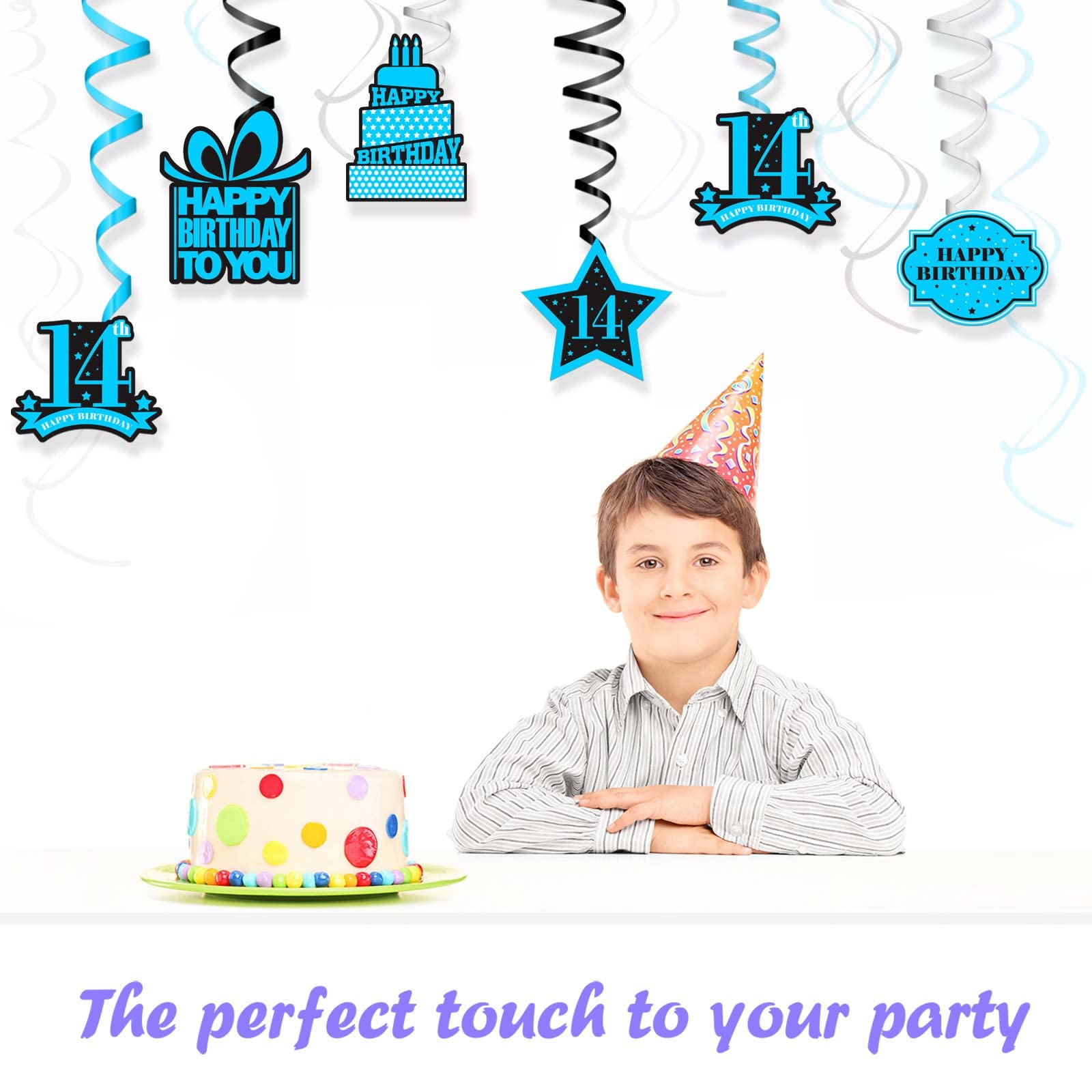 Happy 14th Birthday Decorations - Swirling Stars & Confetti Ceiling Hanging Sign for Boys & Girls | Navy Blue & Black Party Supplies | Perfect for 14th Birthday Parties, Teen Celebrations & Milestone Decor