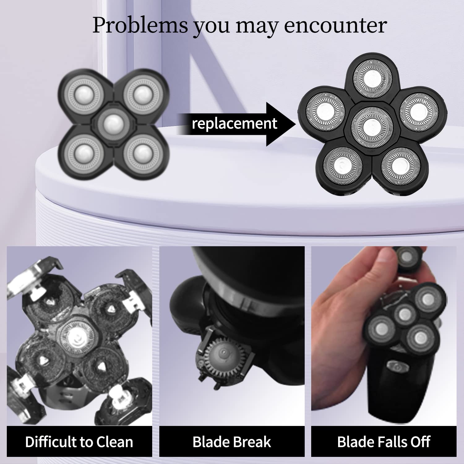 Upgraded 6D Electric Shaver Replacement Head for Men - Wet & Dry Floating Razor Blades for Bald Shaving - Close & Comfortable Shave (Gray) - Perfect for Travel, Home & Gym Use