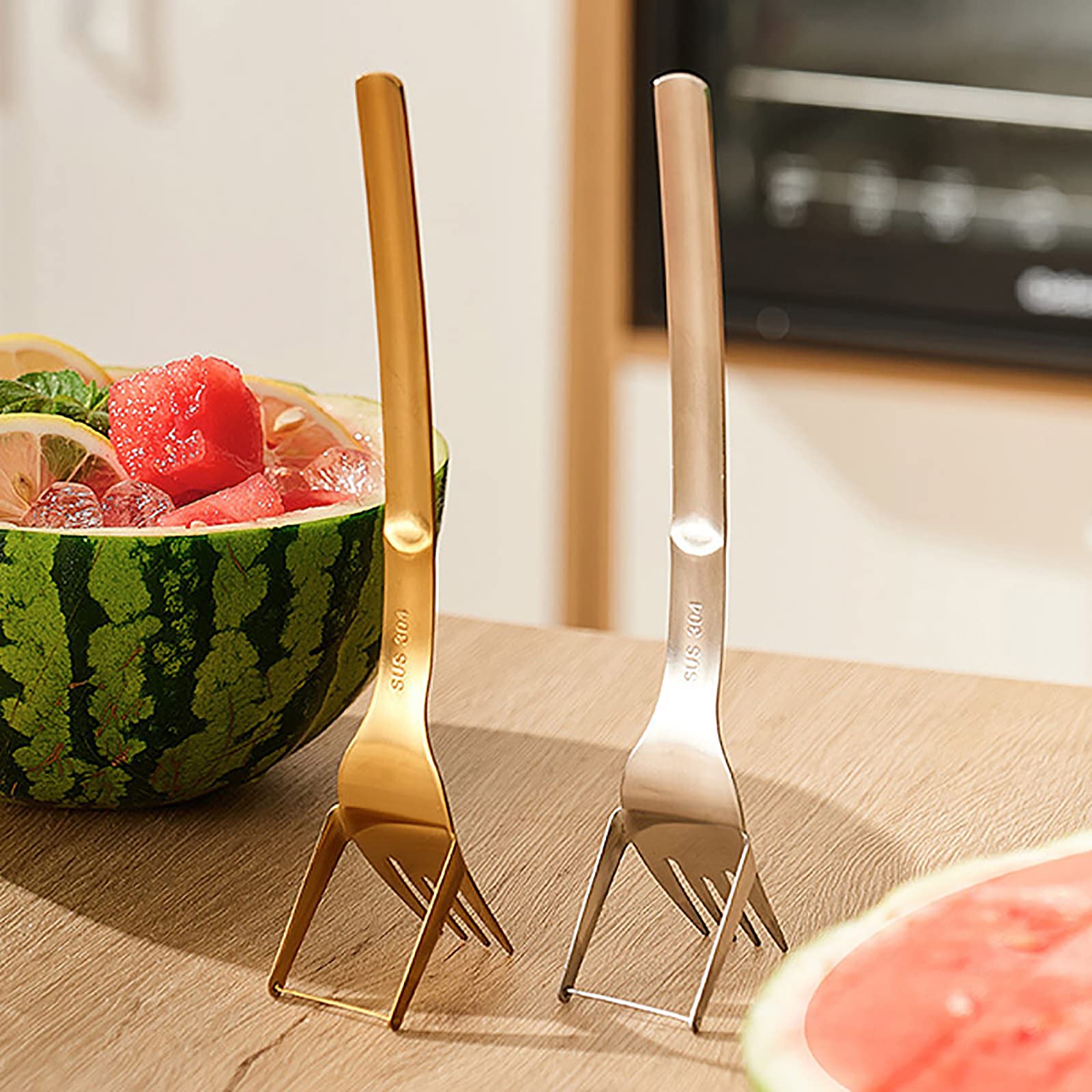 2-Pack Stainless Steel Watermelon Slicer & Fork - Multi-Purpose Fruit Cutting Tool for Camping, Picnics & Kitchen Use - Easy Watermelon Cutting Artifact with Dual Function