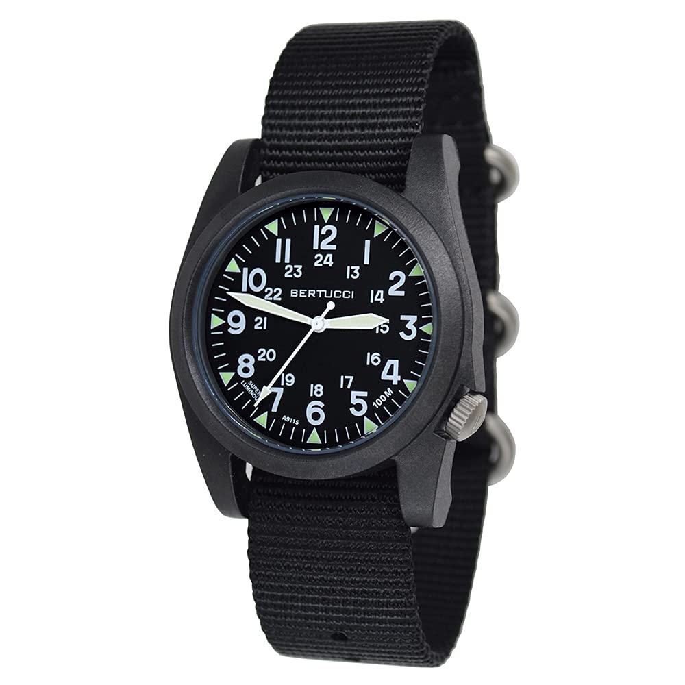 BERTUCCI 13350 Men's Vintage Field Watch - Black Nylon Band & Black Dial, Water Resistant Sports Watch for Outdoor Activities, Hiking, Camping and Everyday Wear