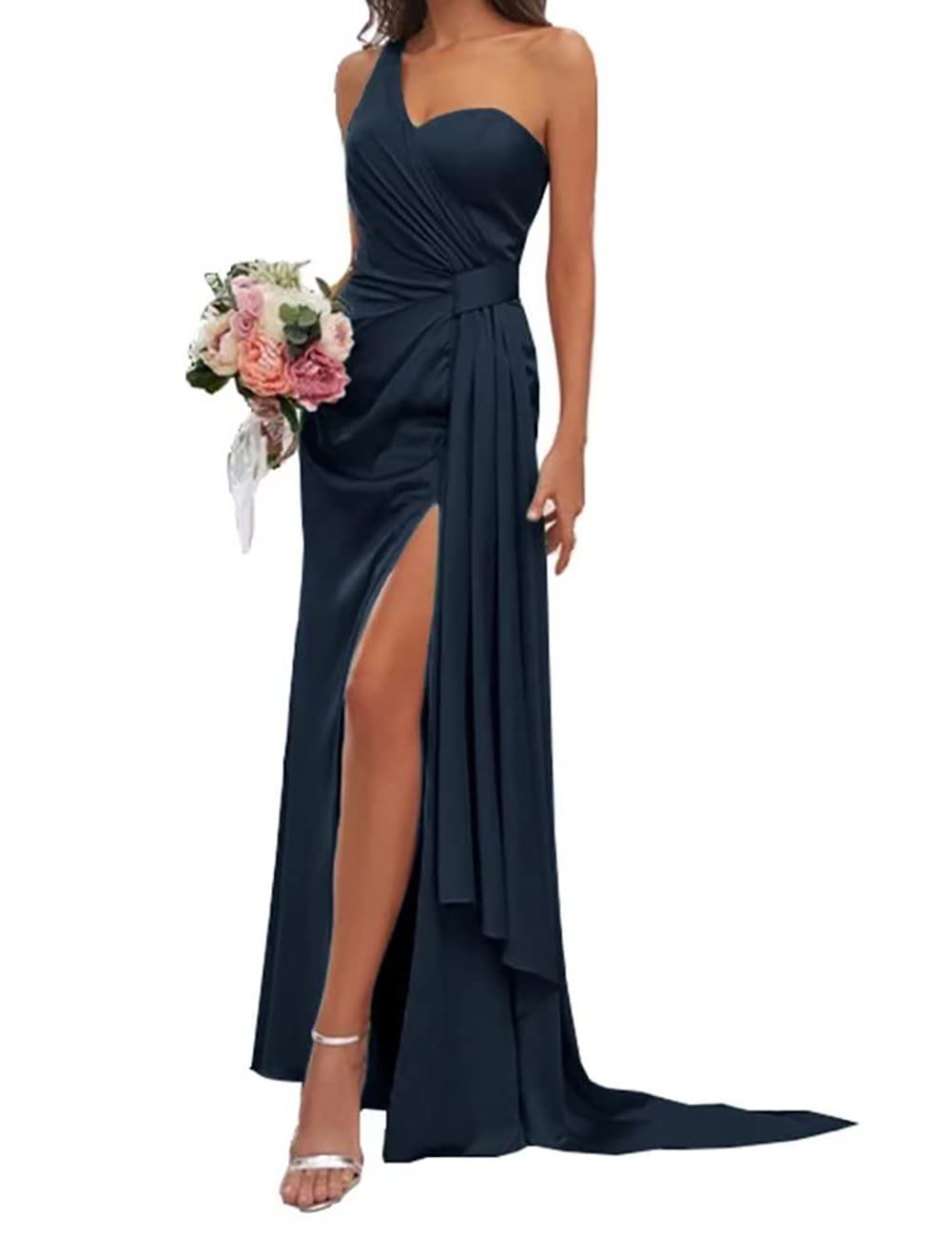 ISABUFEI Elegant One Shoulder Satin Bridesmaid Dress with High Slit - Long Formal Prom Gown for Wedding Guest & Special Occasions - Perfect for Evening Galas, Cocktail Parties & Bridal Showers
