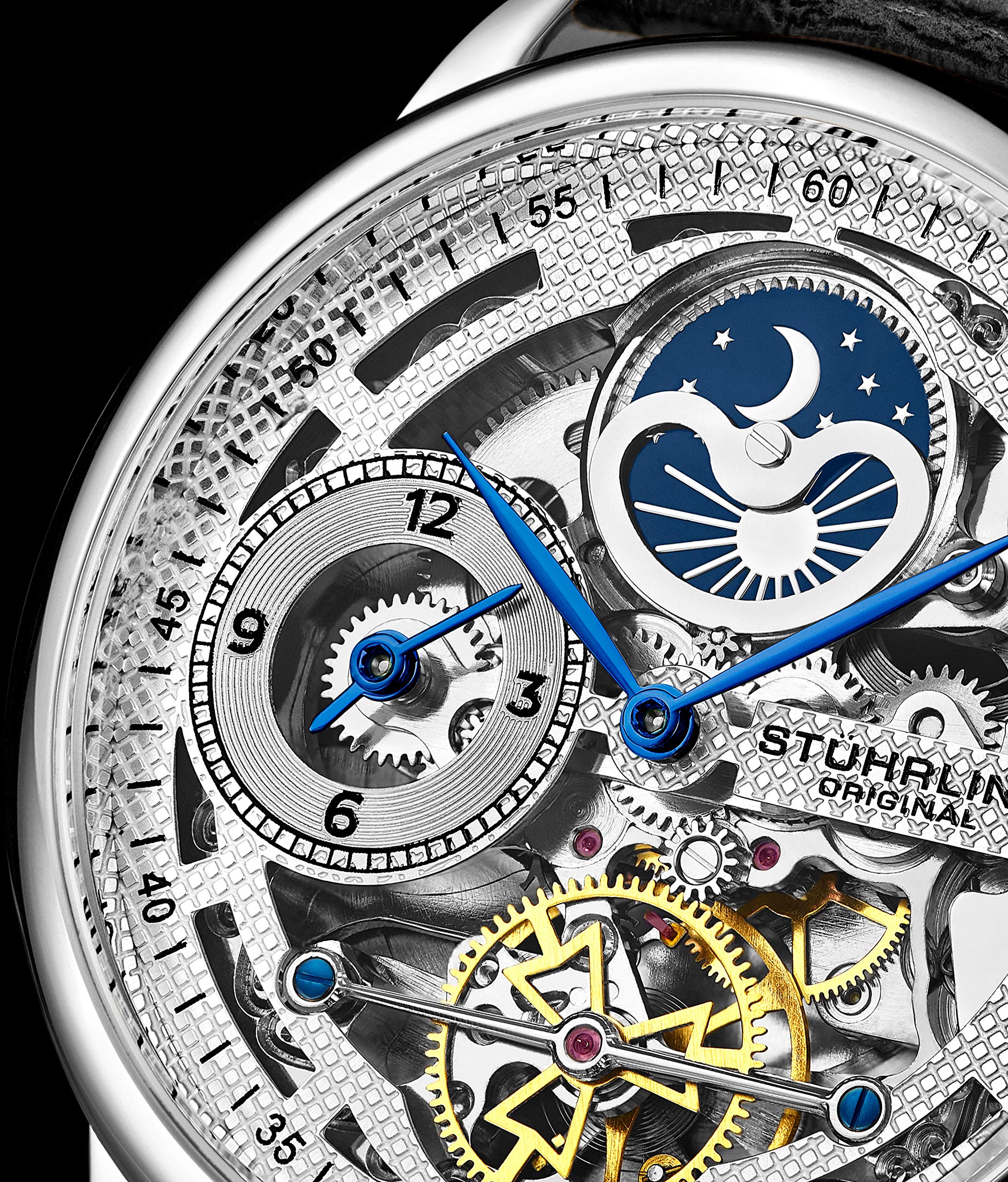 Stuhrling Original Men's Skeleton Automatic Watch - Dual Time, AM/PM Sun Moon Display, Genuine Leather Band, Legacy Collection | Perfect for Business, Formal Events & Gift Giving