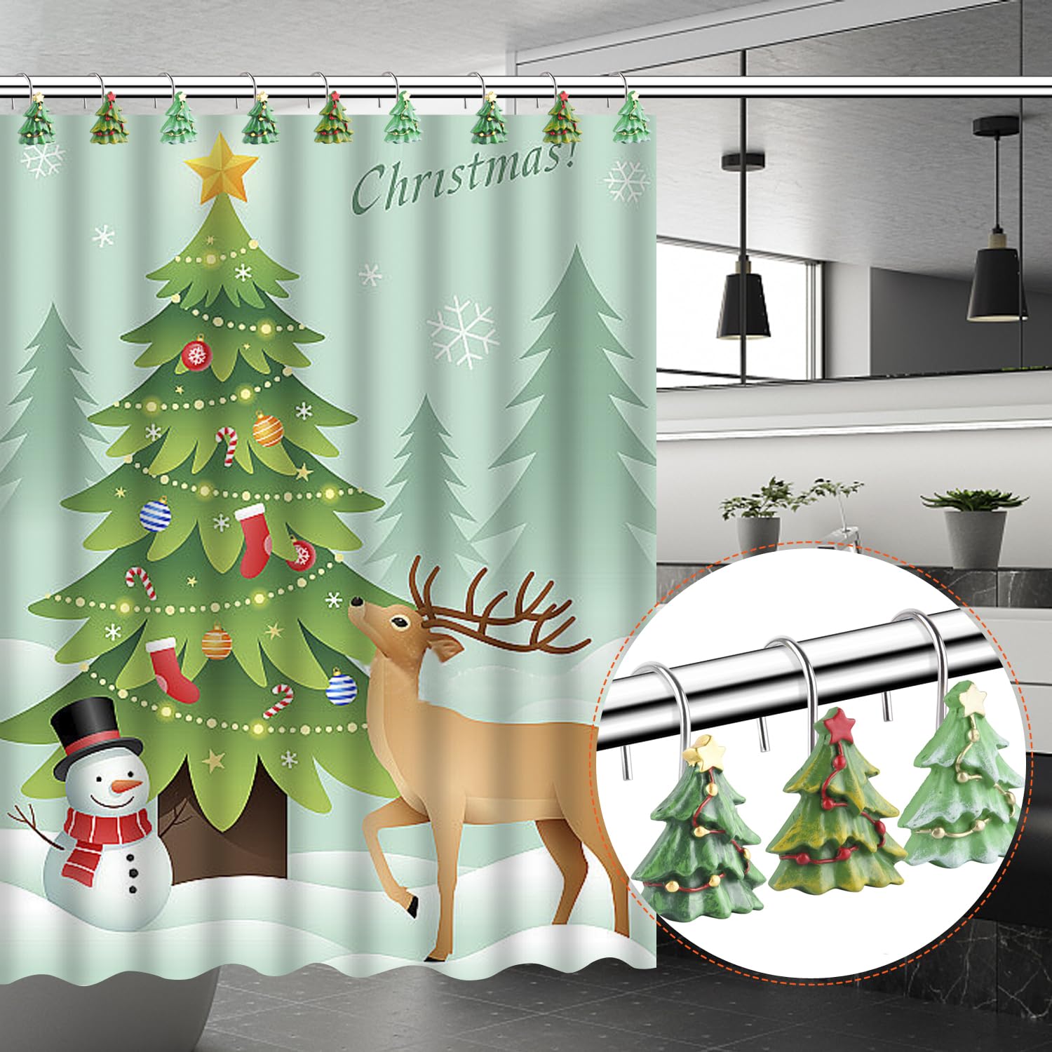 12 Pack Christmas Tree Shower Curtain Hooks - Rustproof Bathroom Decorations for Holiday Season | Winter Home Decor & Christmas Party Supplies