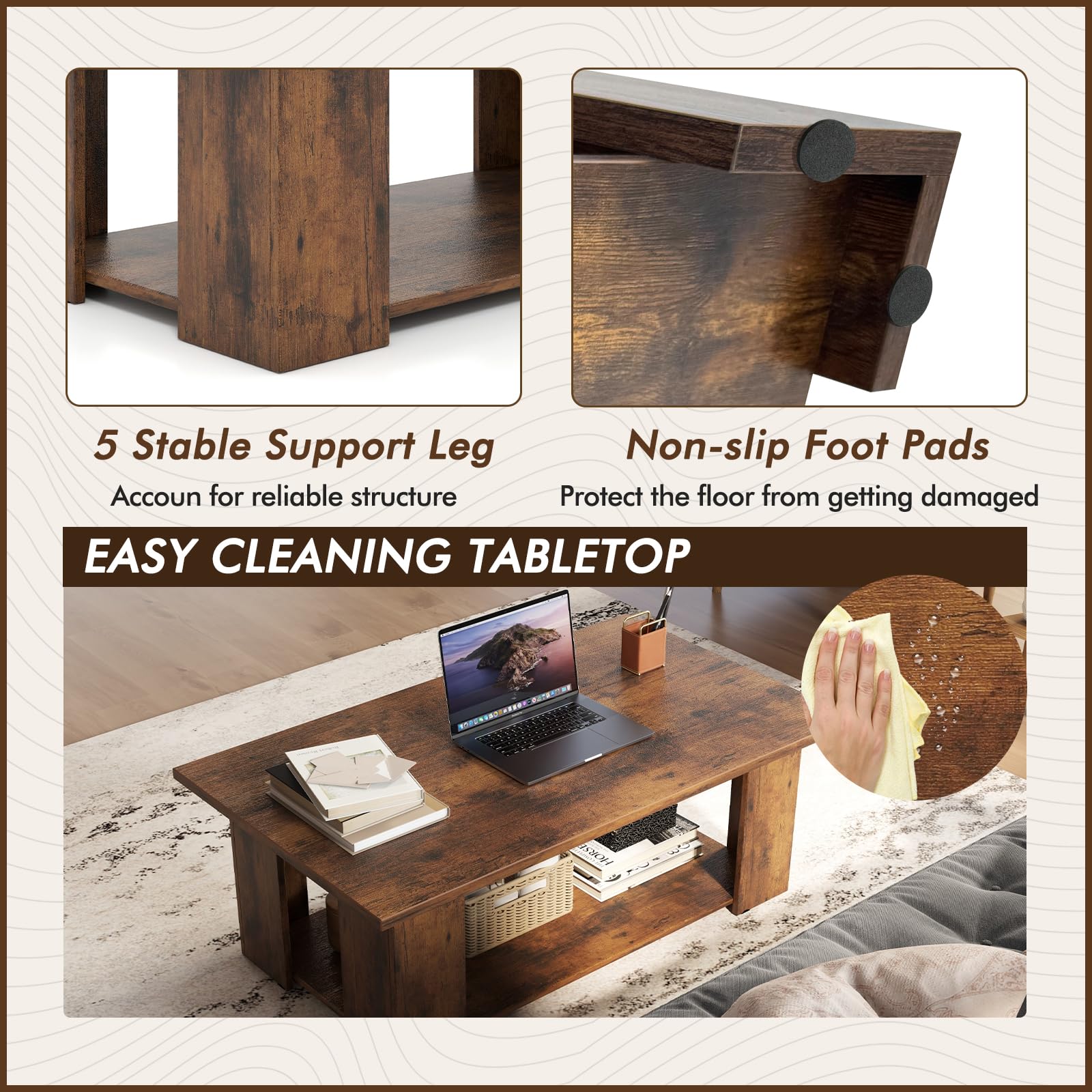 Tangkula 2-Tier Modern Coffee Table - Rustic Brown Rectangular Cocktail Table with 5 Sturdy Legs, Wooden Living Room Furniture for Small Spaces, Easy Assembly - Perfect for Apartments, Dorms & Cozy Home Decor