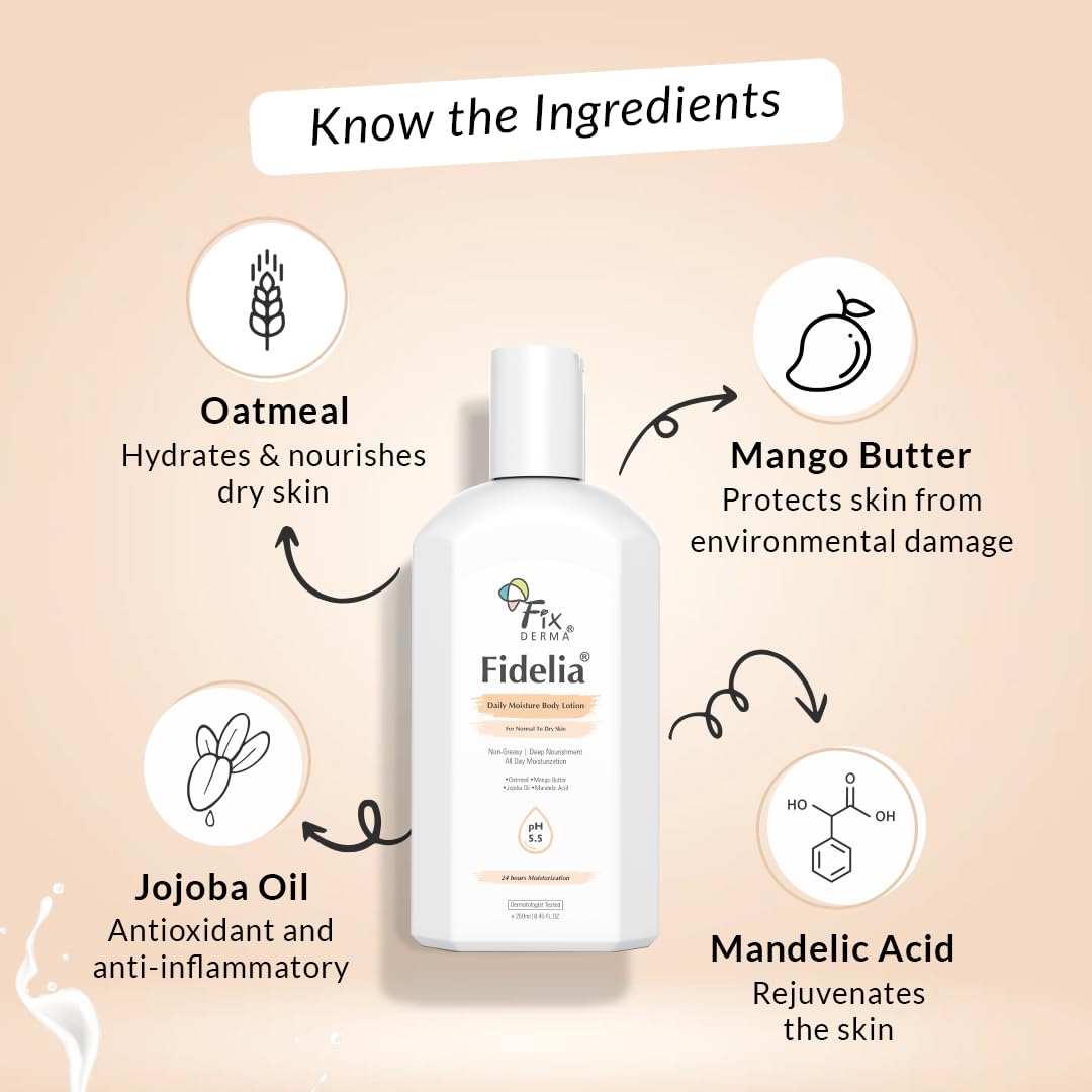 Fixderma Fidelia Daily Moisturizing Body Lotion with Jojoba Oil & Oatmeal - Hydrating Face & Body Cream for Dry Skin - Winter Care for Women & Men - 250ml - Perfect for Daily Use, After Shower & Nighttime Skincare Routine
