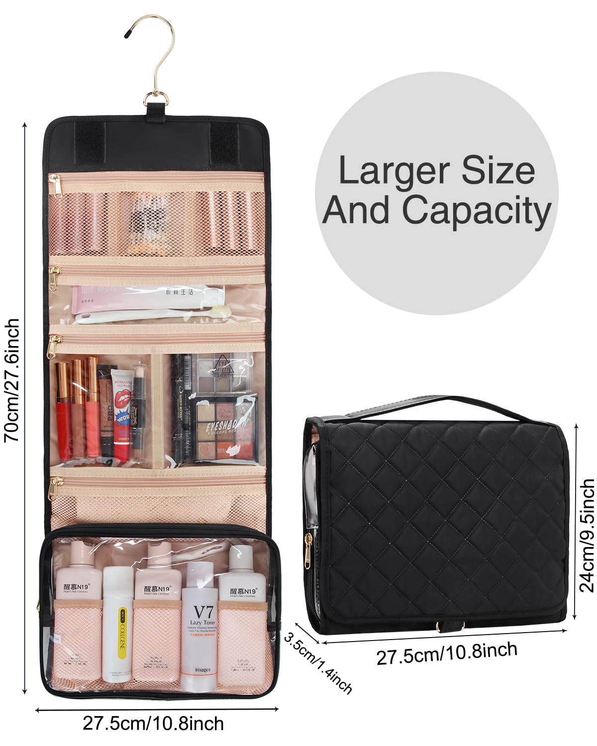 Portable Hanging Toiletry Bag for Women - Large Travel Makeup Organizer with Multiple Pockets, Waterproof Cosmetic Bag for Bathroom, Shower & Camping (Ideal for Travel, Gym & Daily Essentials Storage)