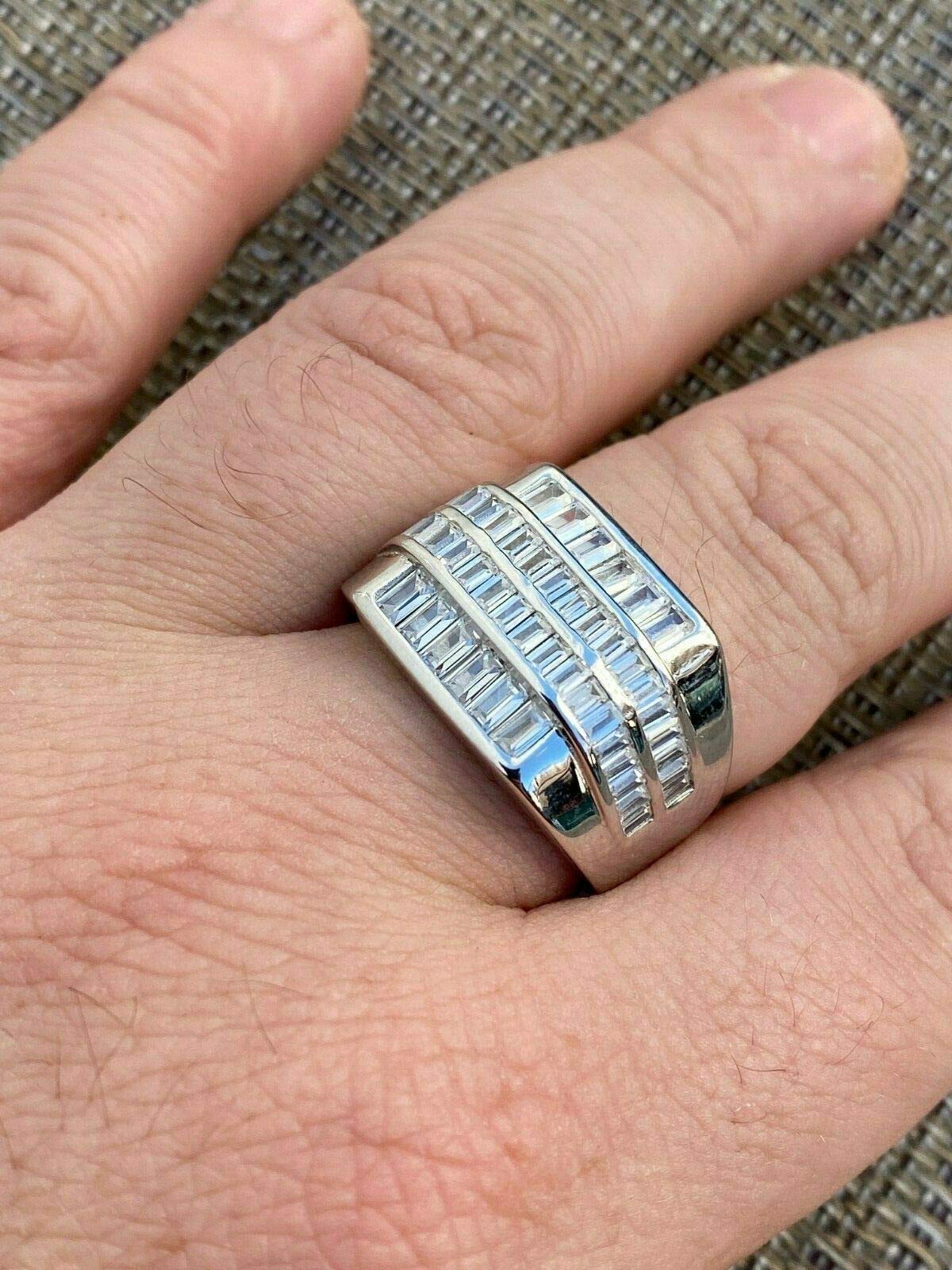 925 Sterling Silver Iced Baguette Men's Ring - Sizes 7-13 - Heavy Pinky or Statement Ring with Man-Made Diamonds | Perfect for Gifts, Weddings, and Everyday Luxury Fashion