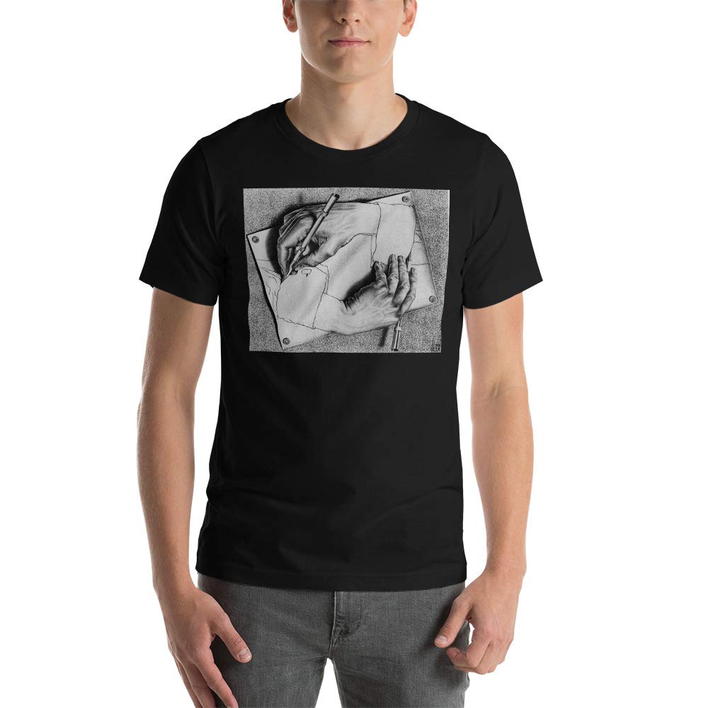 Escher Drawing Hands Surrealism Art T-Shirt - Unisex Heavy Cotton Tee for Men & Women - Perfect for Art Lovers, Casual Wear & Gift Giving