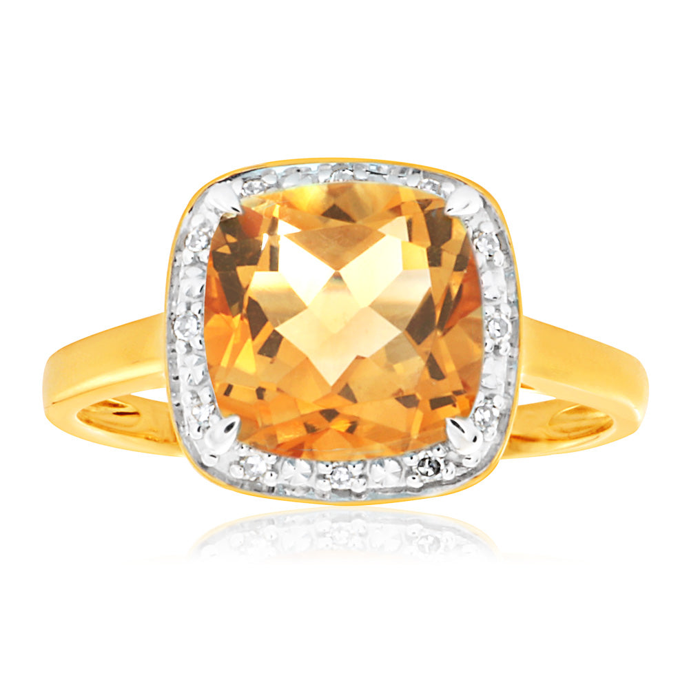 9ct Yellow Gold 2ct Citrine and Diamond Ring - Elegant Women's Jewelry for Engagement, Anniversary & Special Occasions