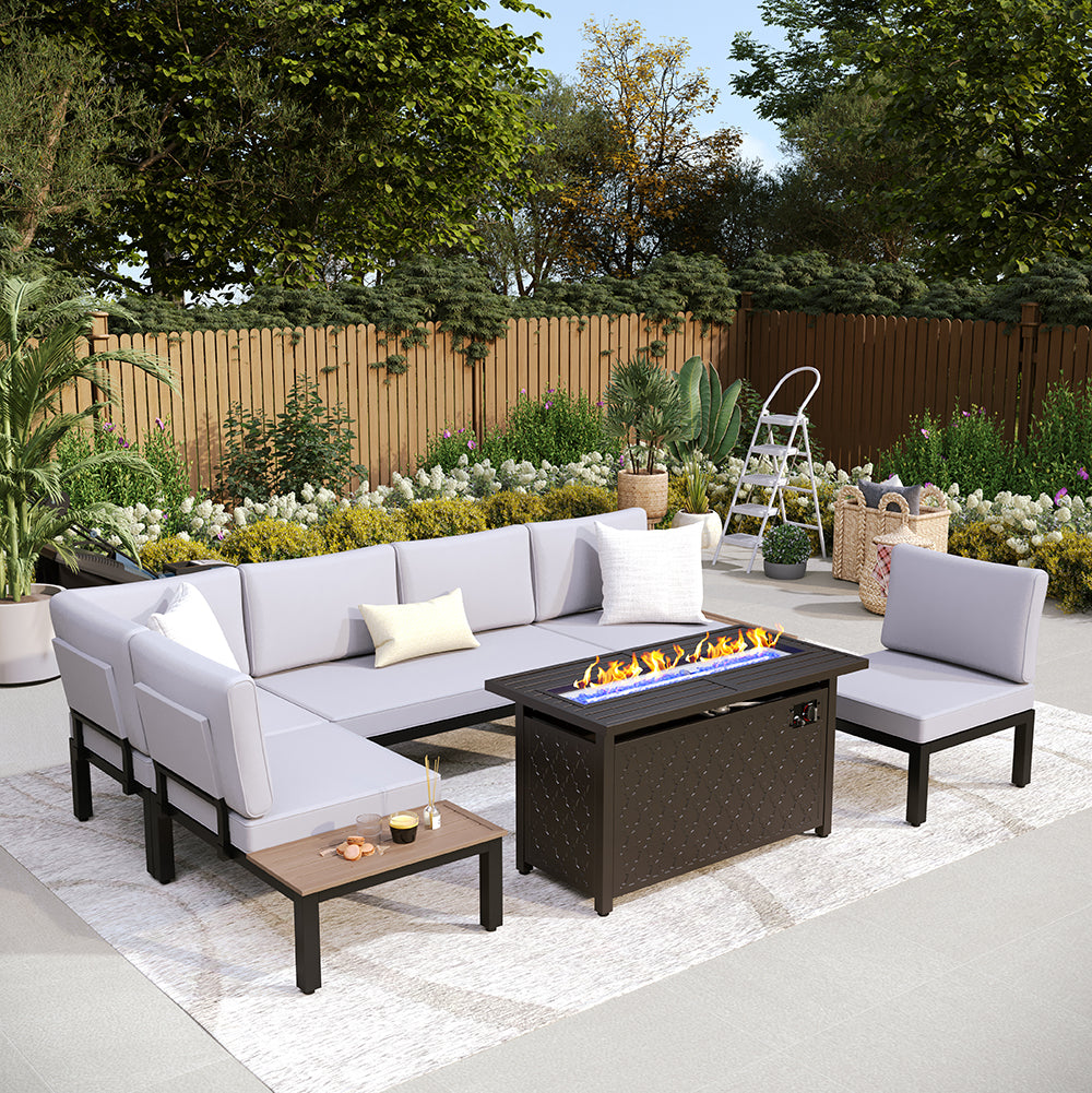 PHI VILLA 6-Piece Outdoor Patio Furniture Set with Fire Pit Table - Waterproof Wicker Sectional Sofa for Backyard, Garden, Poolside & Deck (Brown Cushions Included)