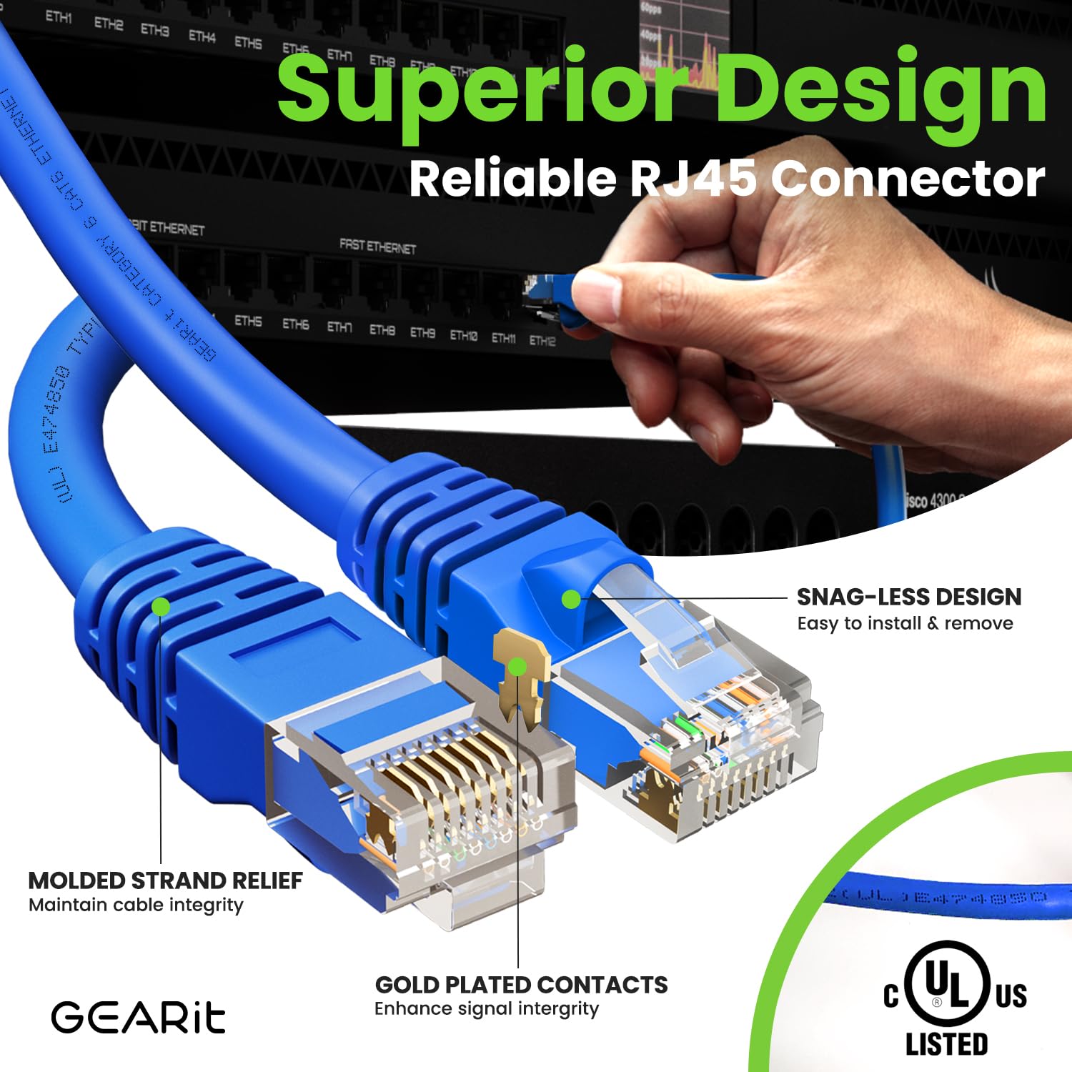 GEARit Cat 6 Ethernet Cable 100-Pack (2 Feet) - 10Gbps High-Speed Snagless RJ45 Network Patch Cord with Gold-Plated Connectors - Ideal for PC, TV, Tablet, Router, Printer, Servers & Data Centers - Perfect for Home Office, Gaming Setup and IT Networking - Blue
