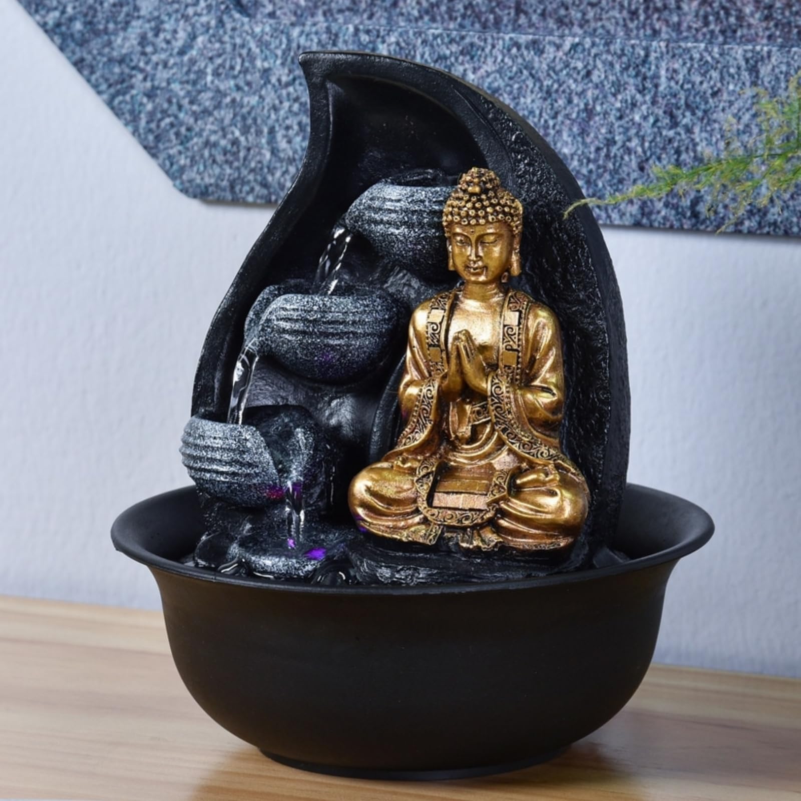 Zen Light Praya - Indoor Water Fountain with LED Lights and Pump, Resin Golden Fountain for Home Decor, Office Relaxation & Meditation Space