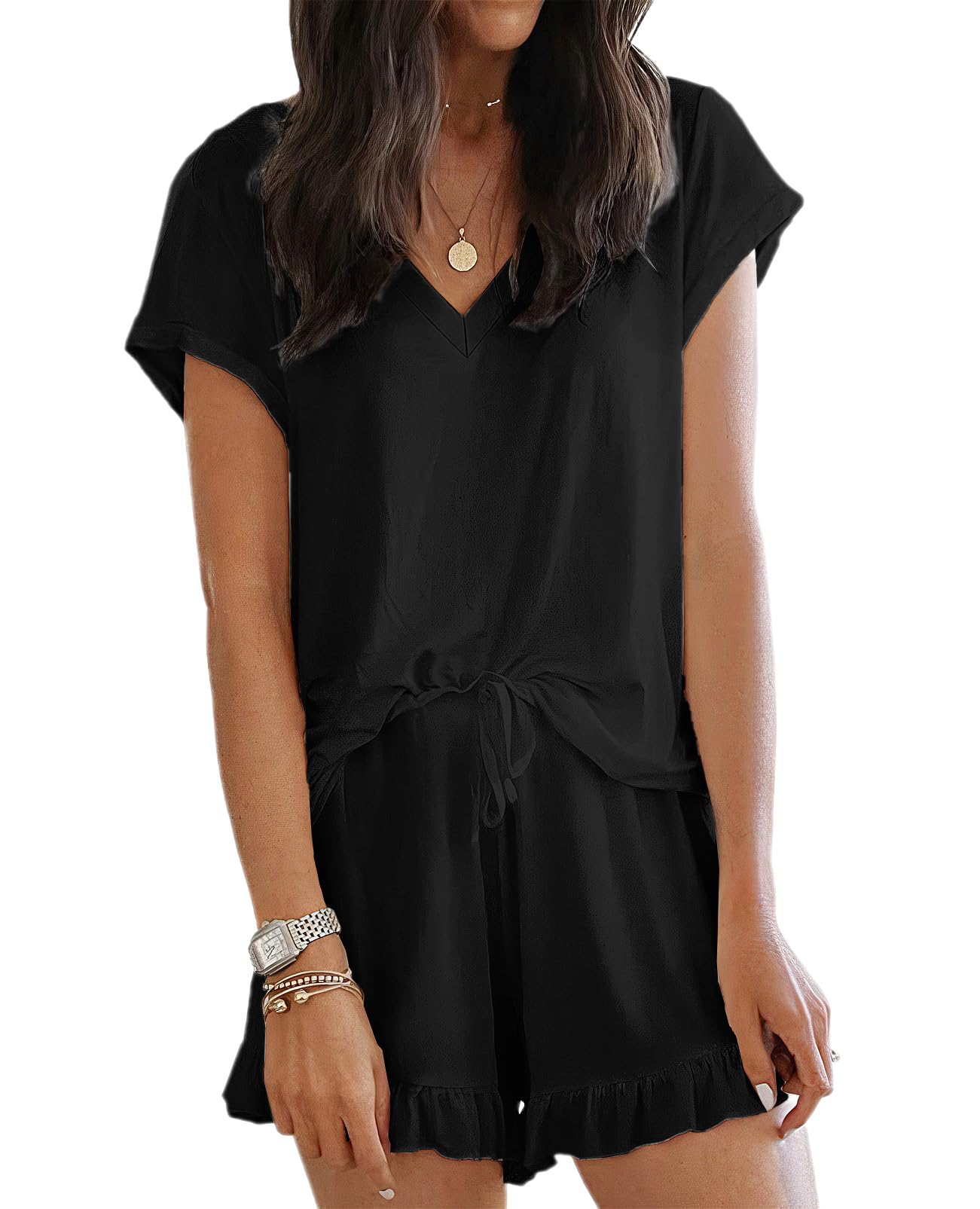 LuckyMore Women's Soft Short Sleeve V-Neck Pajama Set - Breathable Lounge Sleepwear with Casual Shorts for Summer Nights & Relaxing at Home