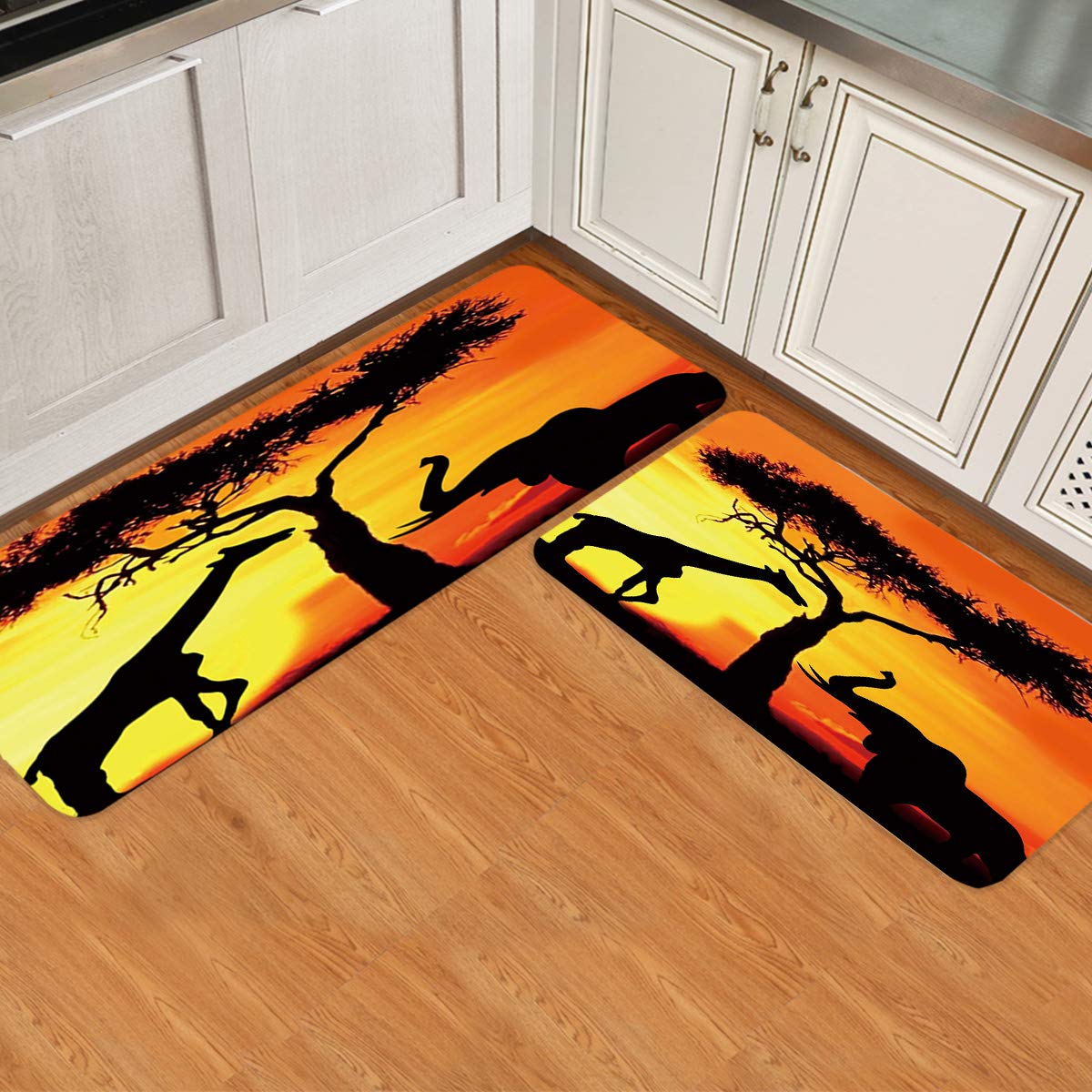 Non-Skid Washable African Animals Kitchen Rugs Set of 2 - Cushioned Anti-Fatigue Mats with Giraffe and Elephant Design, Waterproof for Sunset-Themed Kitchen Decor, Perfect for Cooking and Dining Areas