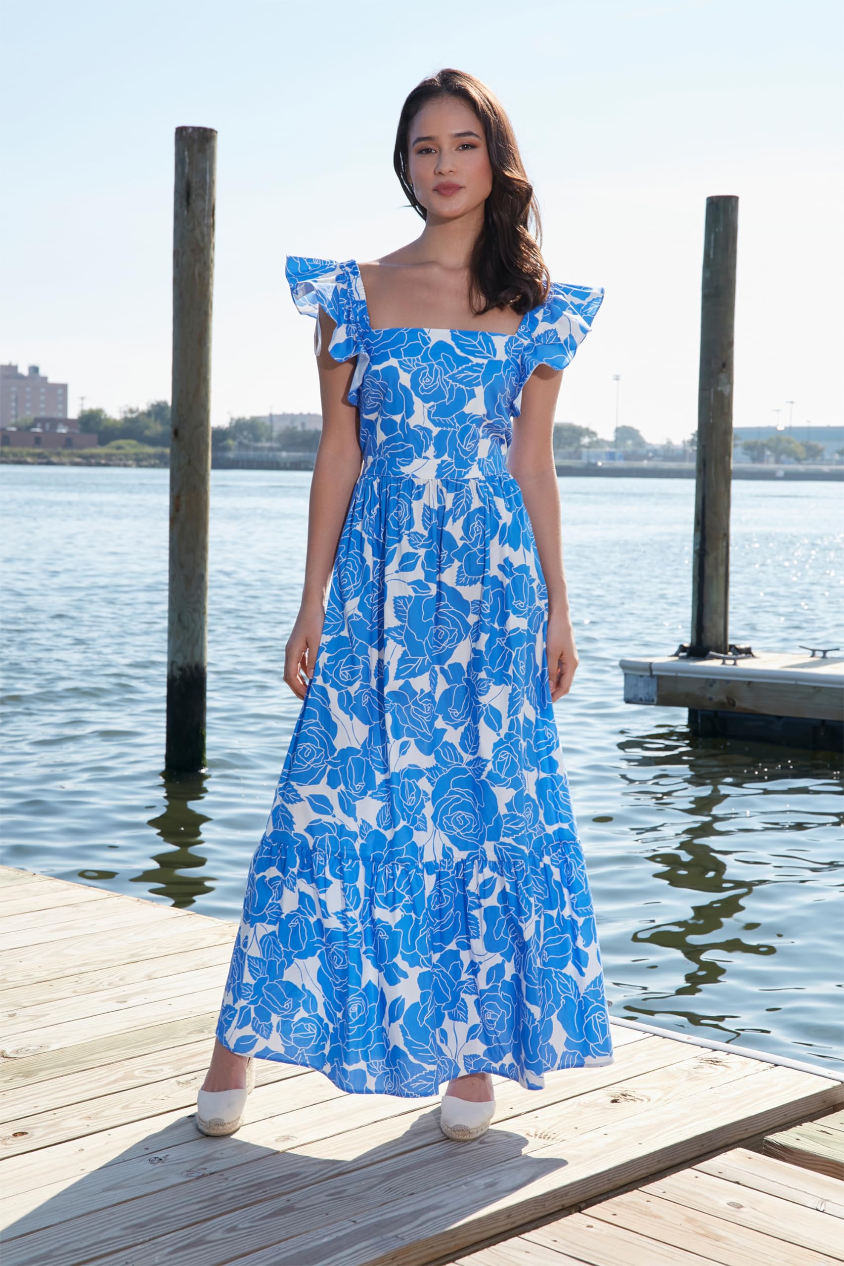 London Times Square Neck Maxi Ruffle Detail Summer Dress for Women - Elegant Flowy Beach Dress for Vacations, Parties & Date Nights