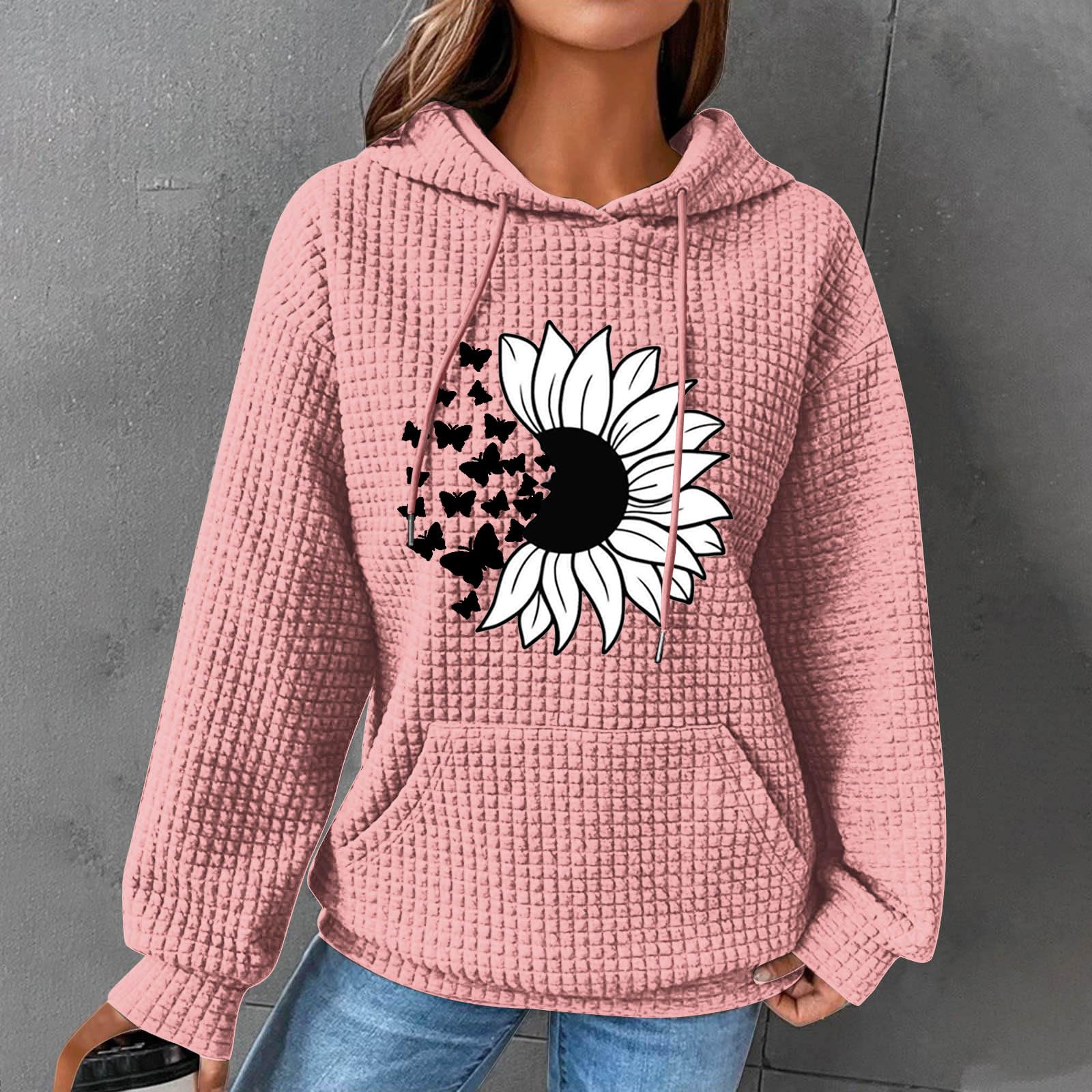 Women's Waffle Knit Hooded Sweatshirt - Cute Butterfly Print Drawstring Pullover for Gym, Workout & Casual Wear | Soft Fleece Loungewear for Women | Perfect for Yoga, Running & Everyday Fashion