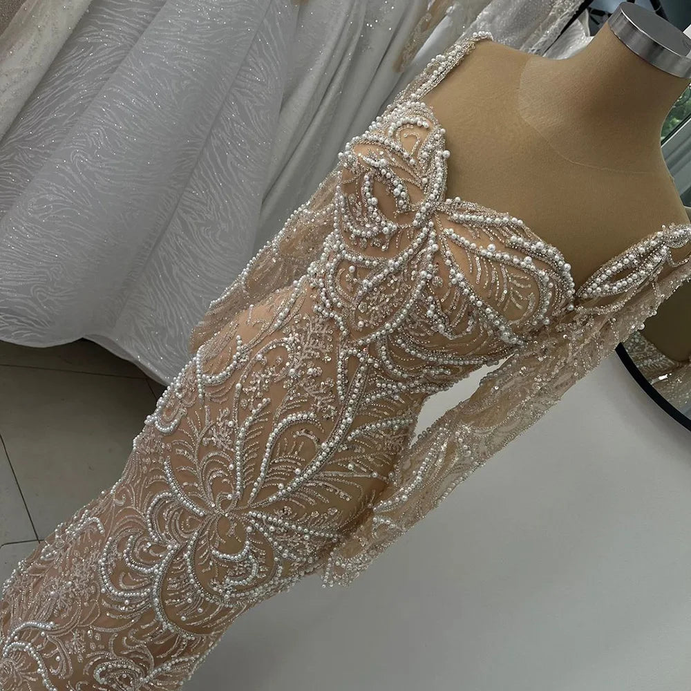 Luxury Dubai Nude Mermaid Evening Gown with Pearls Beading - Arabic Formal Dress LA72648 for Weddings, Galas & Special Occasions