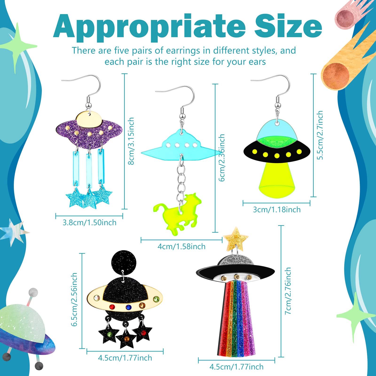 Yinkin 5 Pairs UFO Alien Space Themed Acrylic Planet Earrings for Women - Funky Novelty Dangle Earrings for Halloween Costume, Cosplay, and Unique Fashion Accessories