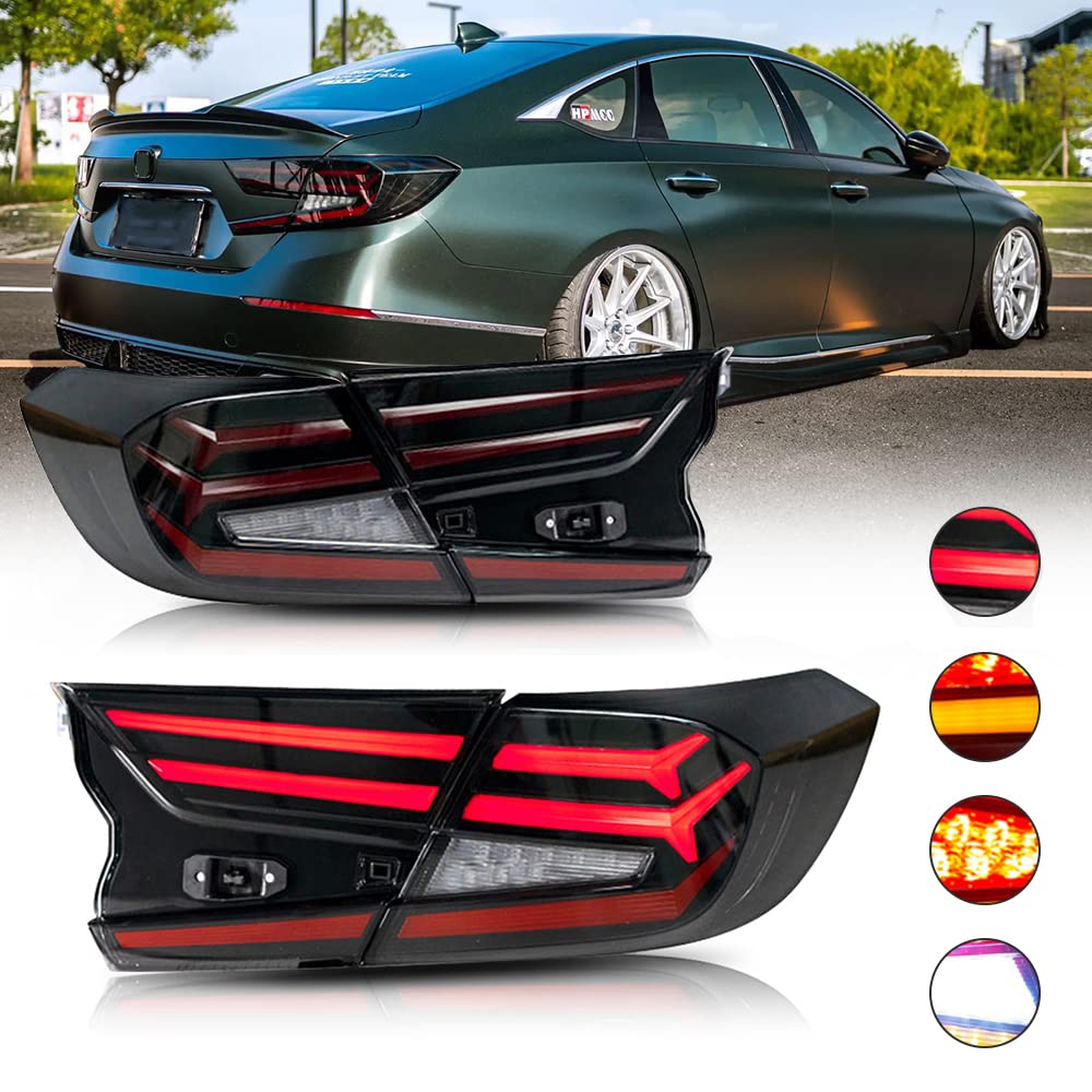 2018-2022 Honda Accord 10th Gen LED Taillights - Sequential Animation Tail Light Assembly Replacement for EX/EX-L/LX/Sport/Touring/Hybrid Models | Fishbone Design | Rear Lights Accessories | Perfect for Custom Upgrades & Nighttime Safety