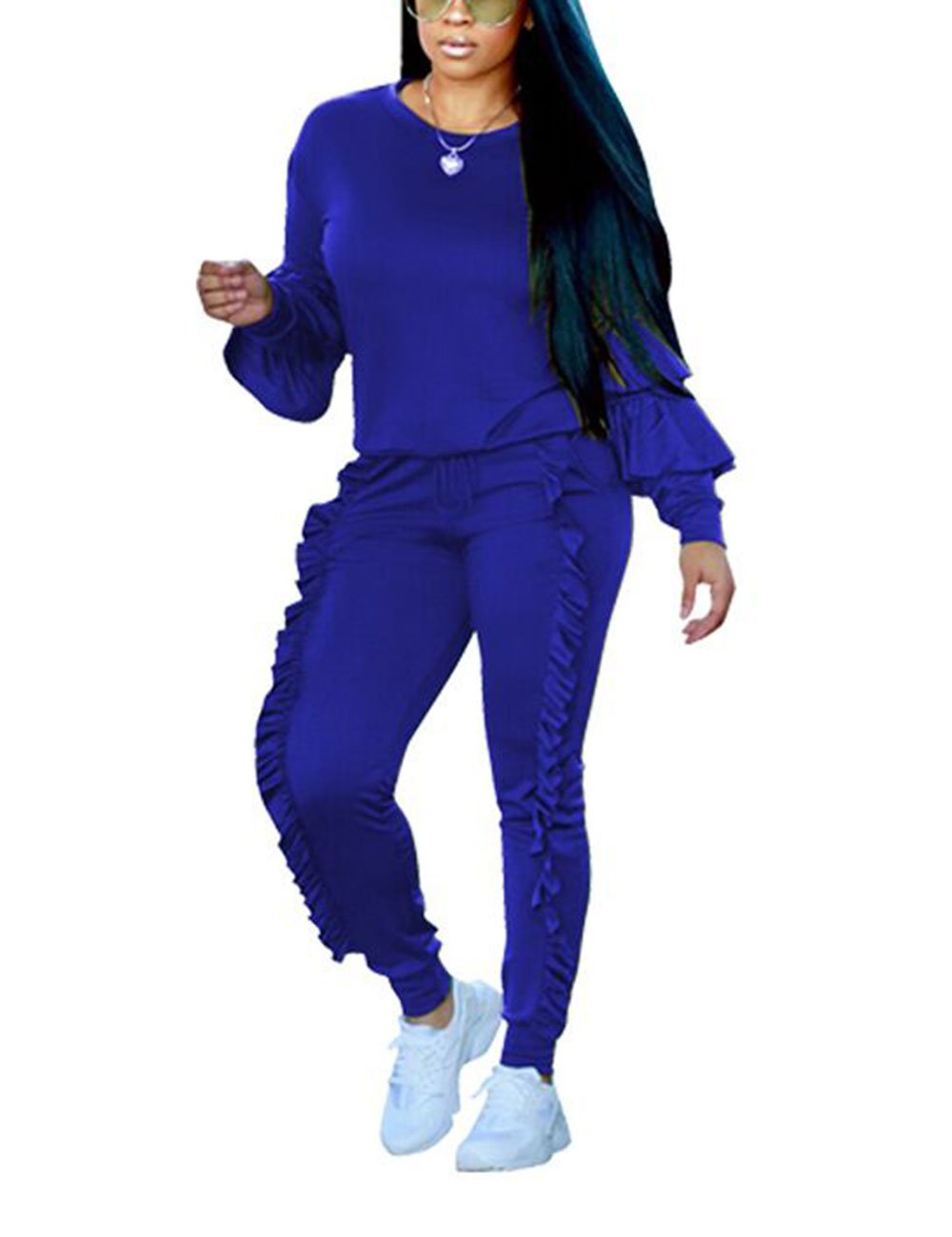 AKMIPOEM Women's 2-Piece Outfits - Ruffled Sleeve Sweatshirt & Long Pants Tracksuit Set | Casual Loungewear, Workout Clothes & Streetwear Fashion