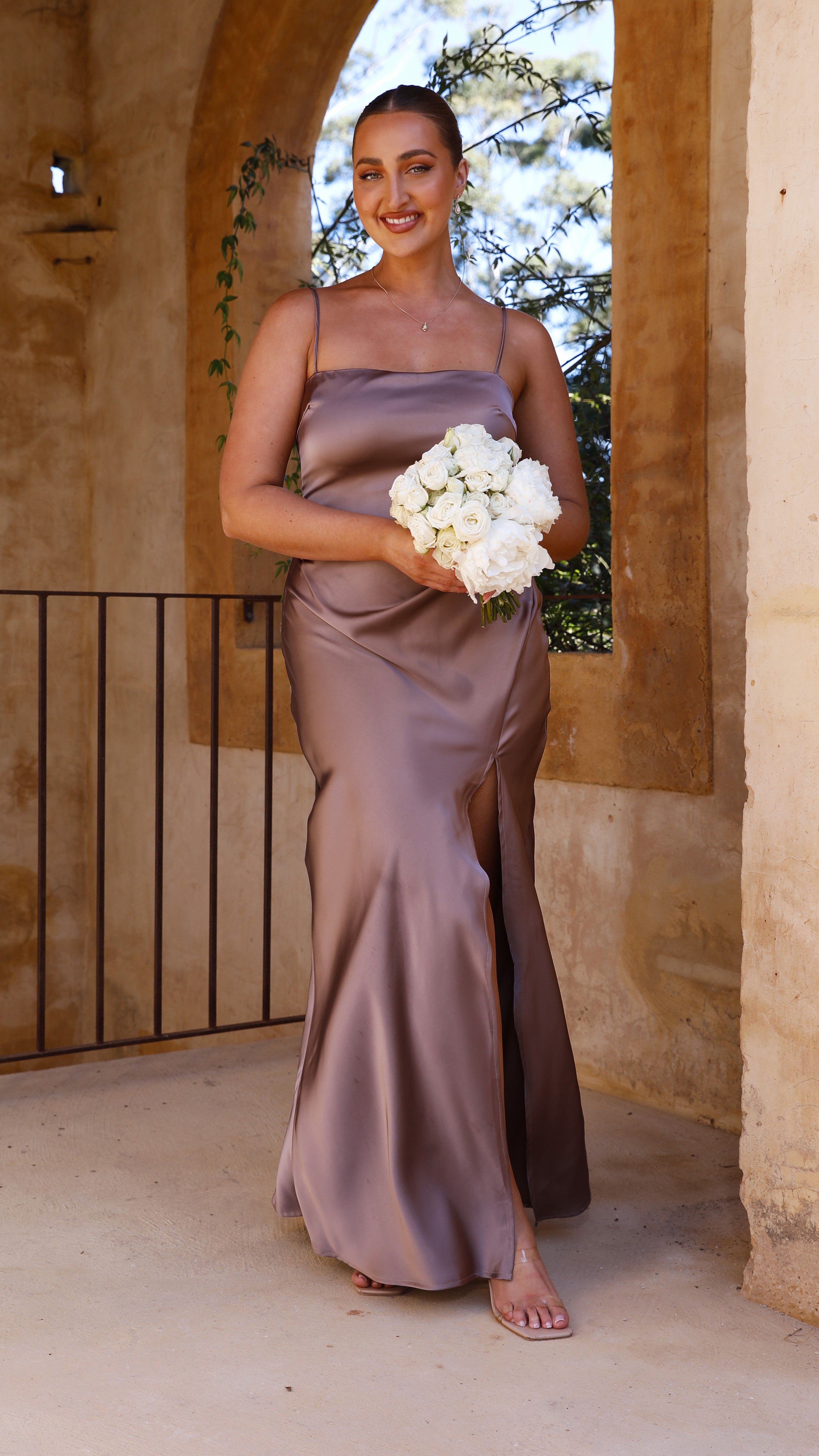 Ilana Maxi Dress for Women - Elegant Flowy Mushroom Color Long Dress for Summer, Beach, and Casual Wear