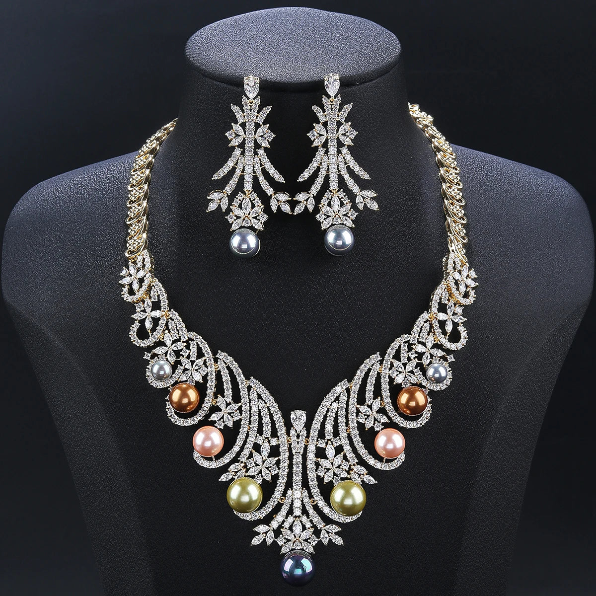 Luxury Cubic Zirconia Flower Necklace for Women - Colorful Pearl Jewelry Set, Elegant Bridal Wedding Accessories - Perfect for Weddings, Anniversaries & Special Occasions