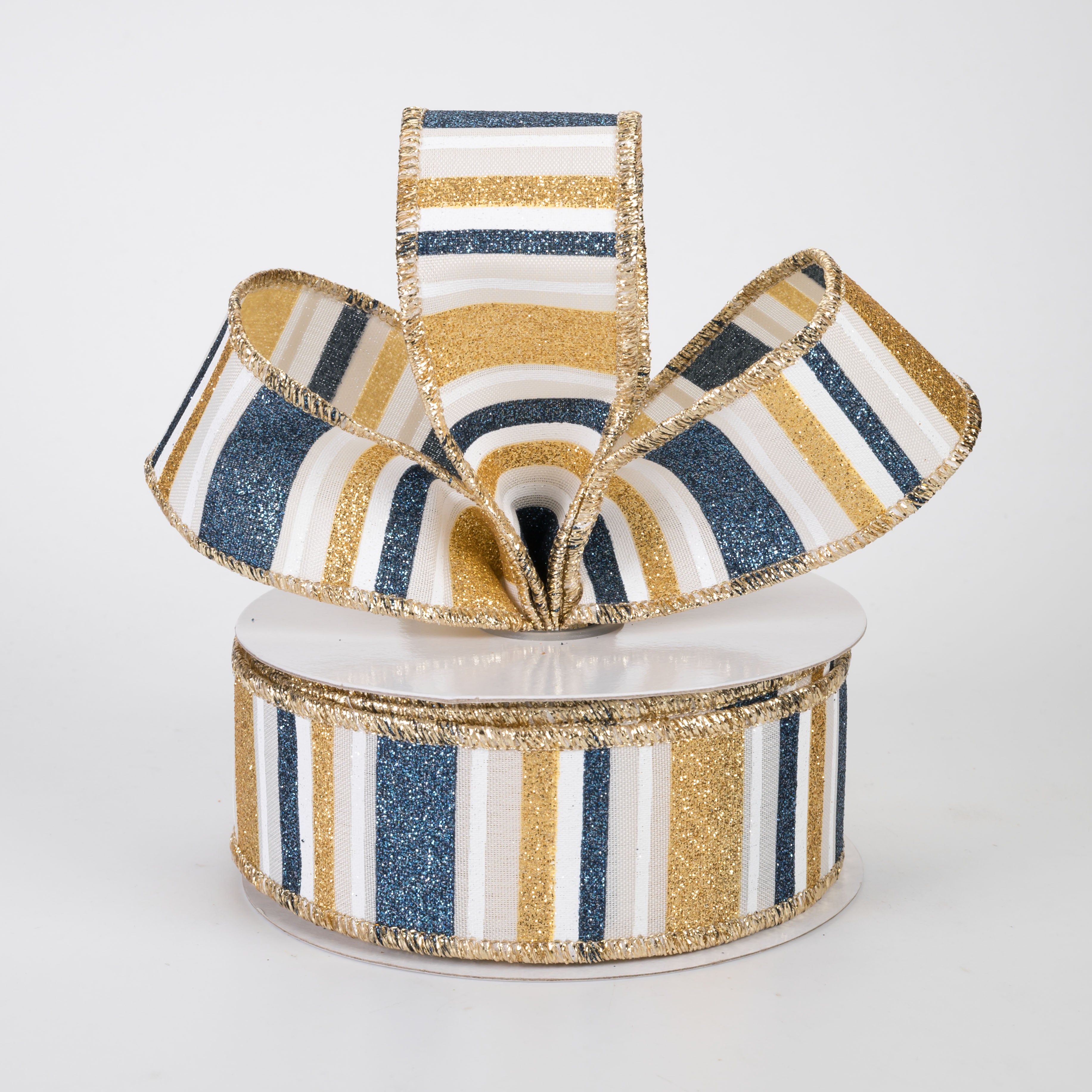 1.5 Inch Multi Glitter Stripes Ribbon - Smoke Blue, Gold, Cream & White (10 Yards) for Gift Wrapping, DIY Crafts, Party Decorations & Scrapbooking