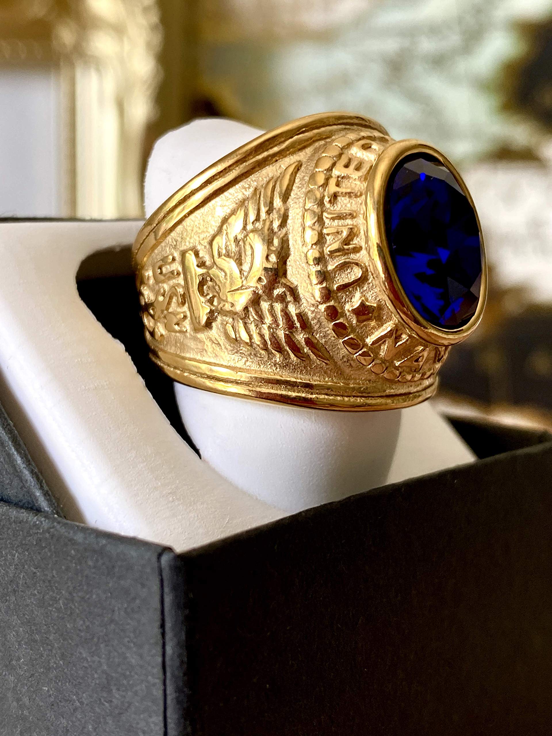 14k Gold Plated Blue Simulated Onyx Men's Vintage Ring - Durable & Elegant Jewelry for Gifts, Weddings & Special Occasions