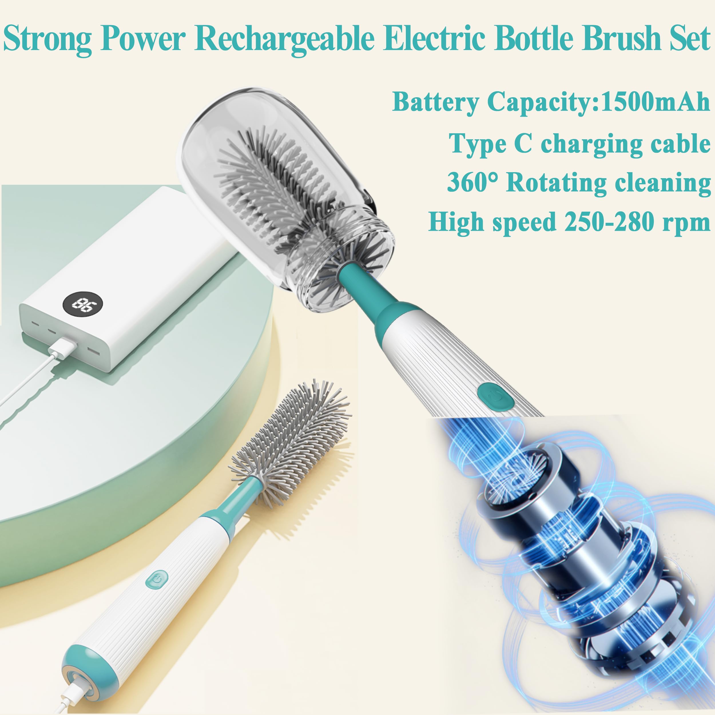 Electric Baby Bottle Brush Cleaner with Long Handle - Waterproof IP65 for Home & Travel