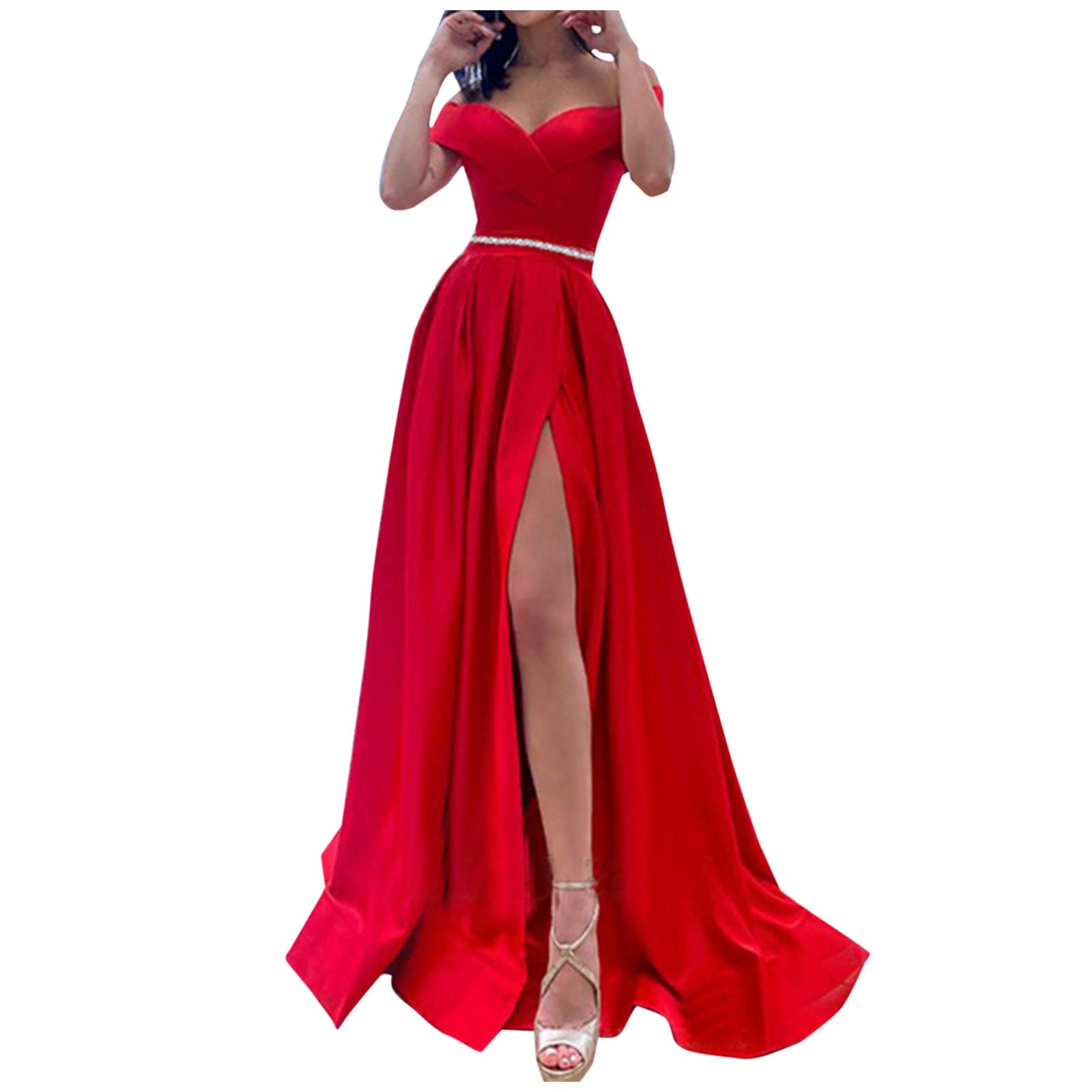 Elegant Red Lace Long Evening Dress for Women - Off Shoulder Swing Banquet Gown (Size S) | Perfect for Summer Parties, Weddings & Formal Events