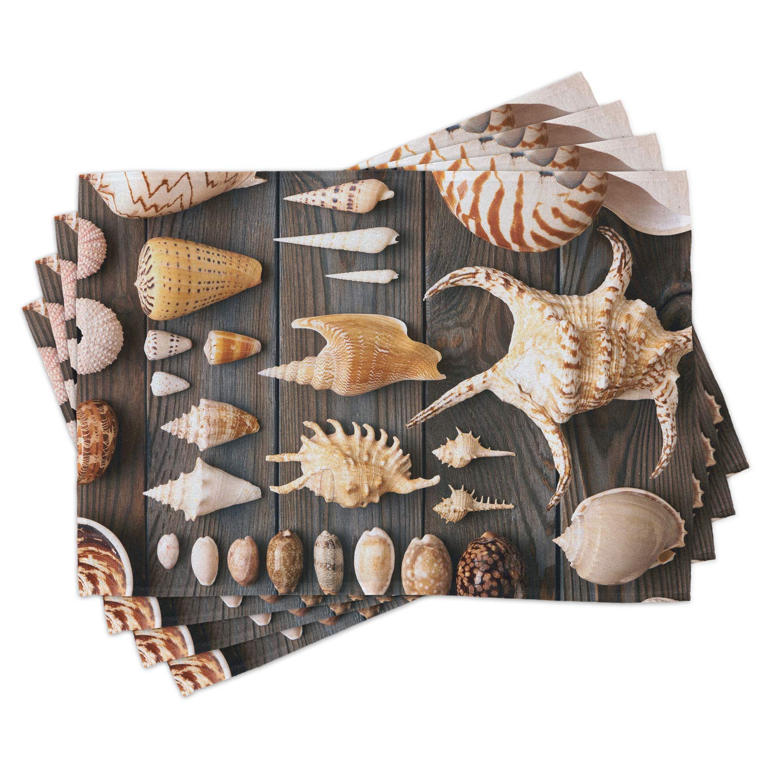 Ambesonne 4-Piece Seashell Placemats Set - Coastal Beach Theme Spiral Wooden Table Decor, Washable Fabric Placemats for Dining Room & Kitchen - Perfect for Beach House, Cottage, or Coastal-Themed Home Decor
