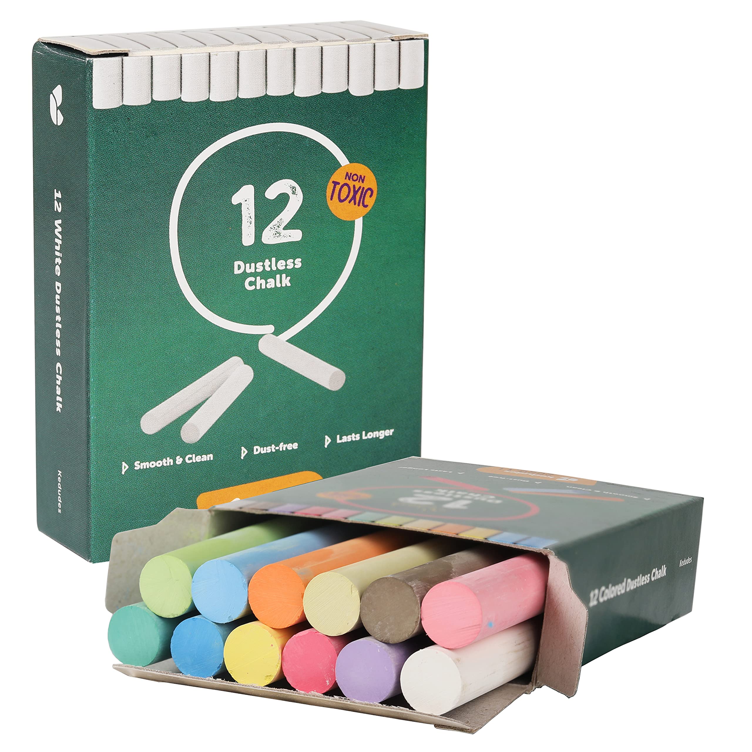 Kedudes Non-Toxic Chalk for Kids - 24 Pack Dustless Chalk Set (12 White & 12 Colored Chalks) - Safe Chalkboard Chalk for Toddlers, Classroom, Home & Outdoor Play - Perfect for Sidewalk Drawing, Teaching & Creative Fun
