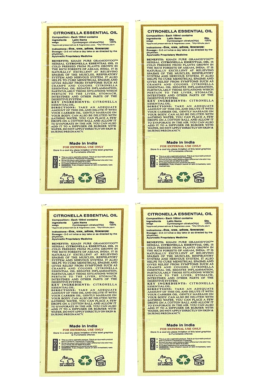 Khadi Pure Herbal Citronella Essential Oil - 15ml (Pack of 4) | Natural Mosquito Repellent & Aromatherapy Oil for Relaxation, Skin Care & Home Diffuser